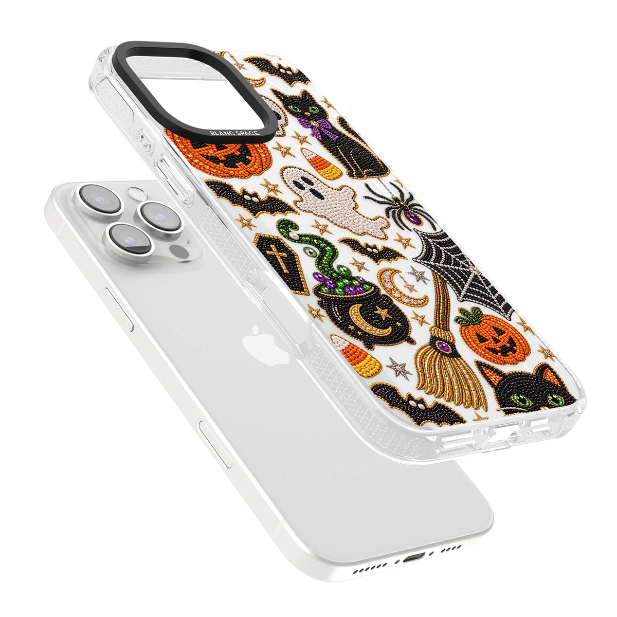 Beaded Halloween Halloween iPhone case featuring beaded pumpkins, ghosts, black cats and bats | Clear Case Impact Air case for iPhone 16 Pro, iPhone 16 Pro Max