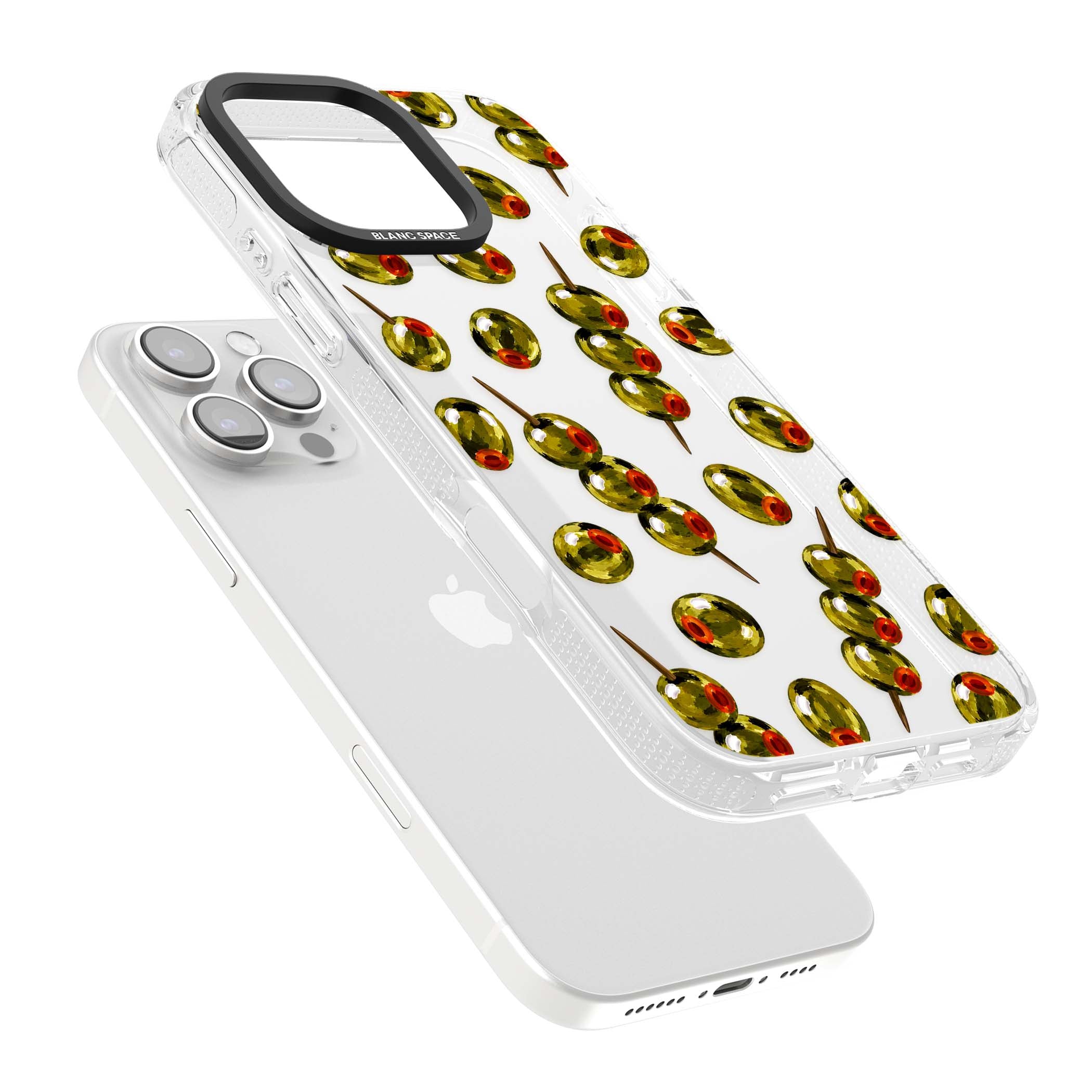 Painted Olives cocktail iPhone case featuring green olives, pimento centres and toothpick skewers on a clear background | Clear Case Impact Air case for iPhone 16 Pro, iPhone 16 Pro Max