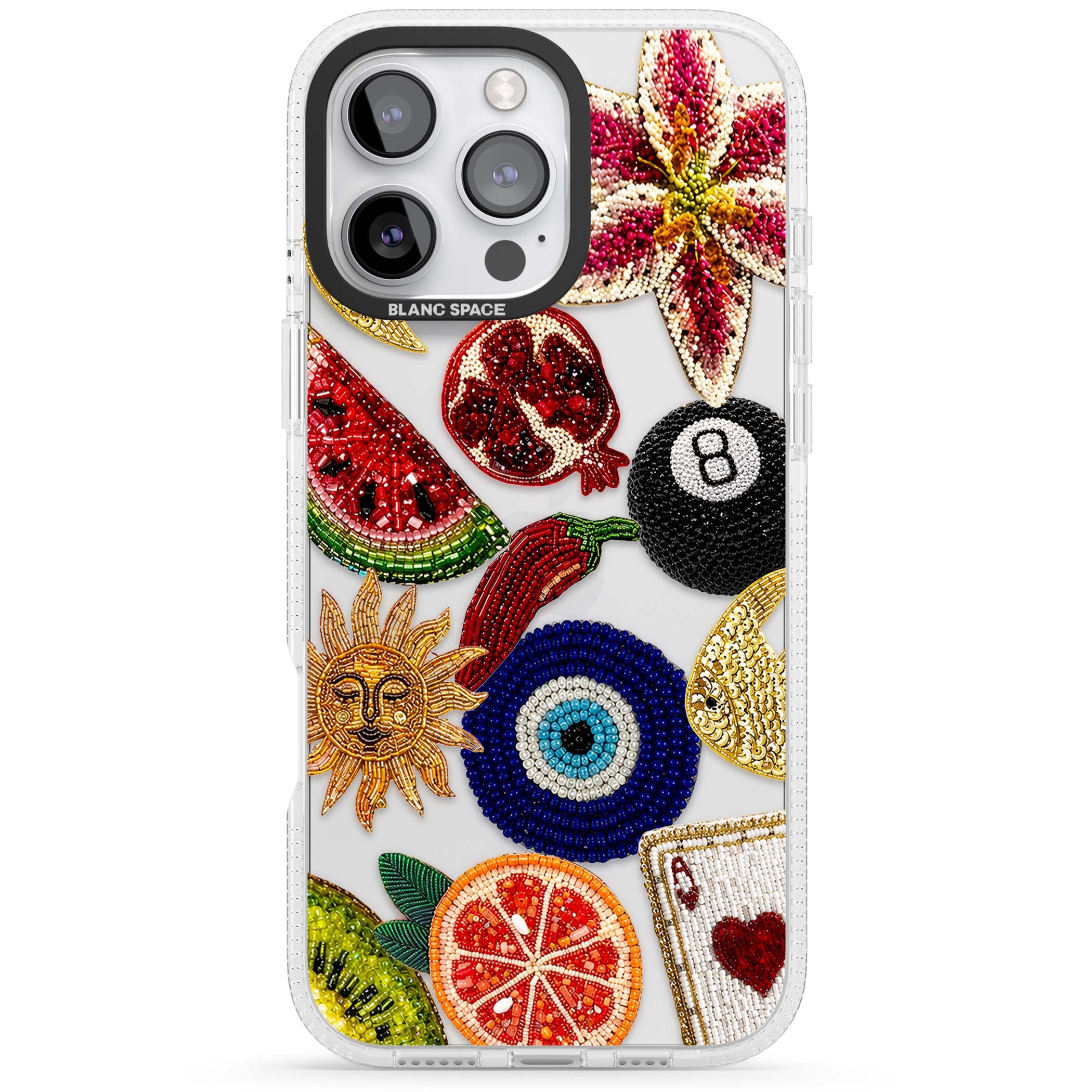 Beaded Charms embroidery iPhone case featuring beaded evil eye, fruit patches and a golden sun motif | Clear Case Impact Air case for iPhone 16 Pro, iPhone 16 Pro Max