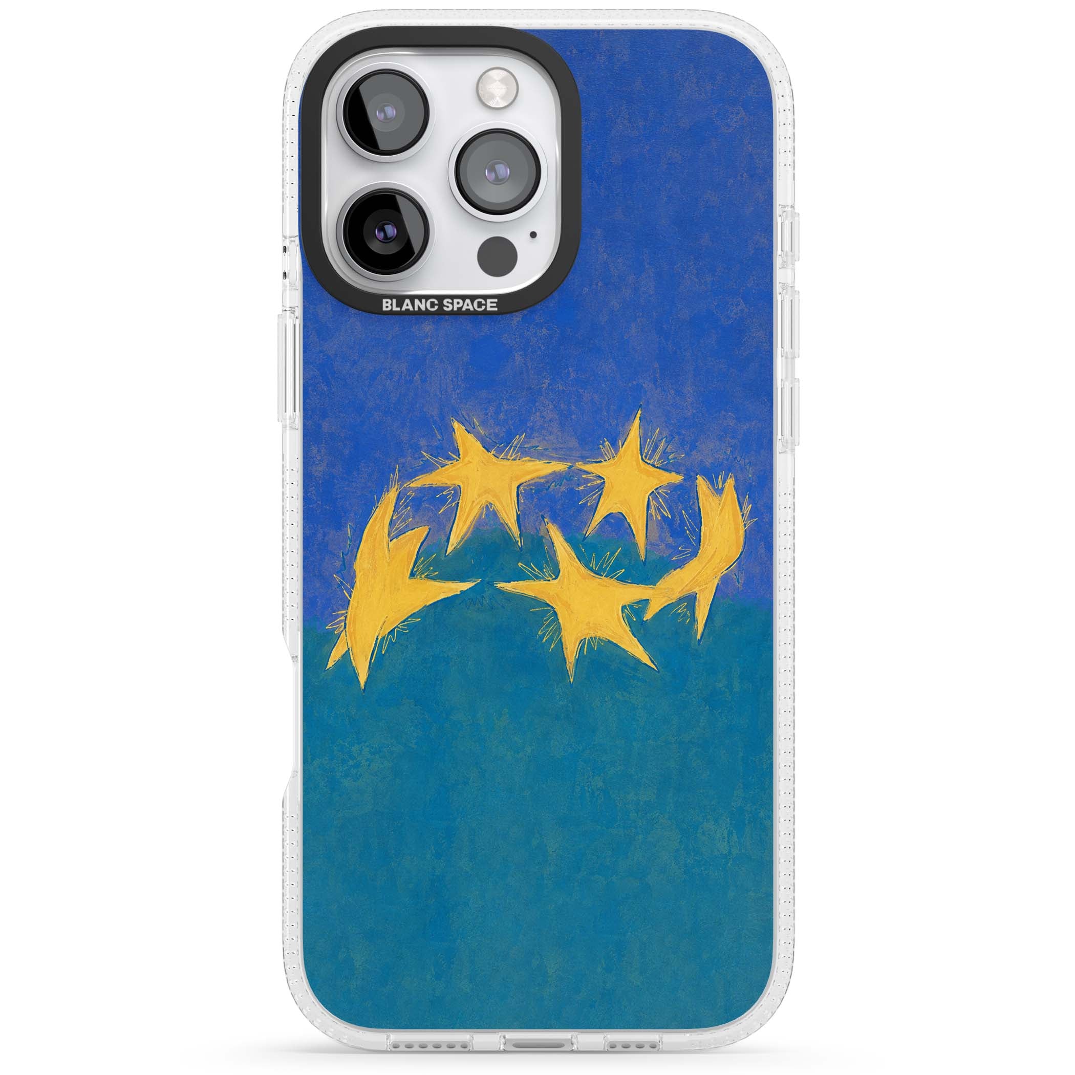 Star Boogie stars aesthetic iPhone case featuring five yellow hand-painted stars on cobalt blue and teal | Clear Case Impact Air case for iPhone 16 Pro, iPhone 16 Pro Max