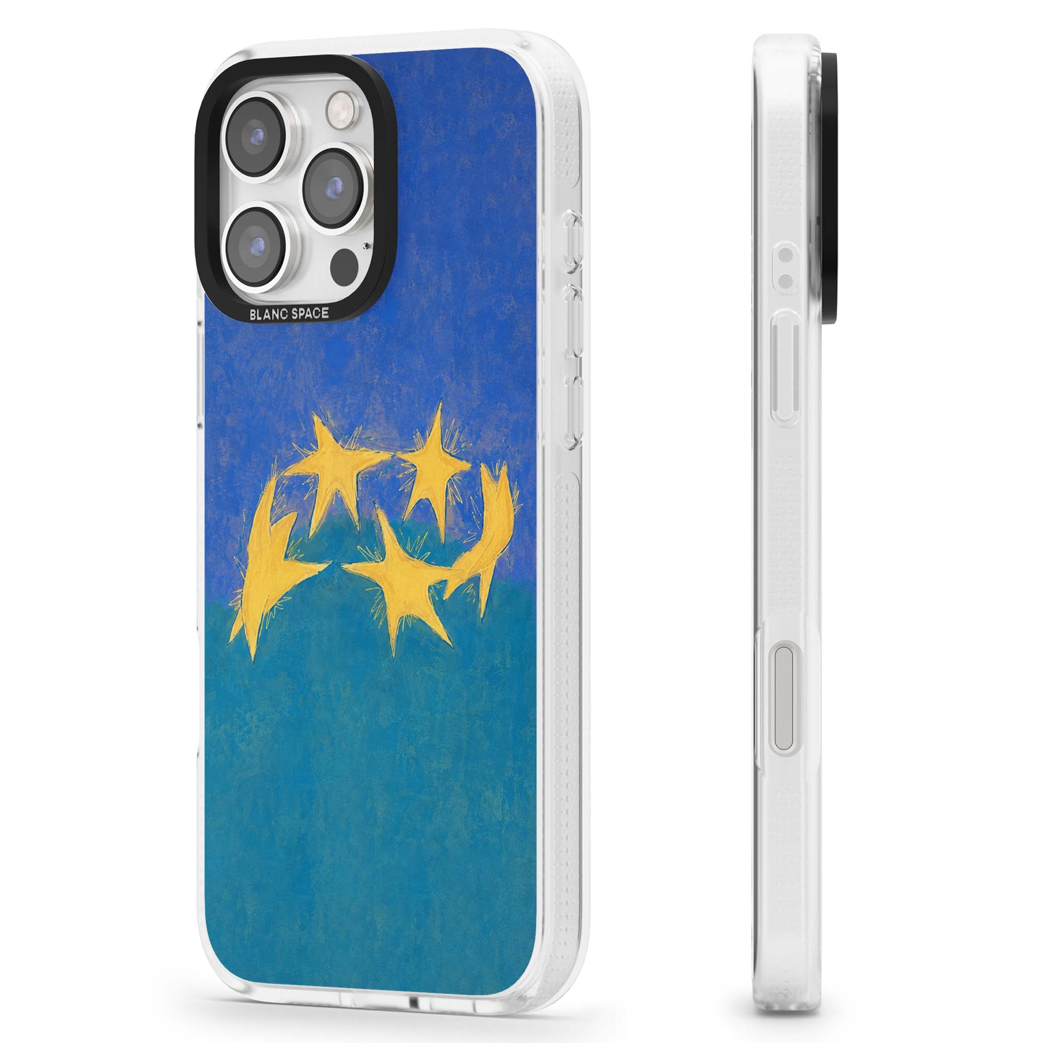 Star Boogie stars aesthetic iPhone case featuring five yellow hand-painted stars on cobalt blue and teal | Clear Case Impact Air case for iPhone 16 Pro, iPhone 16 Pro Max