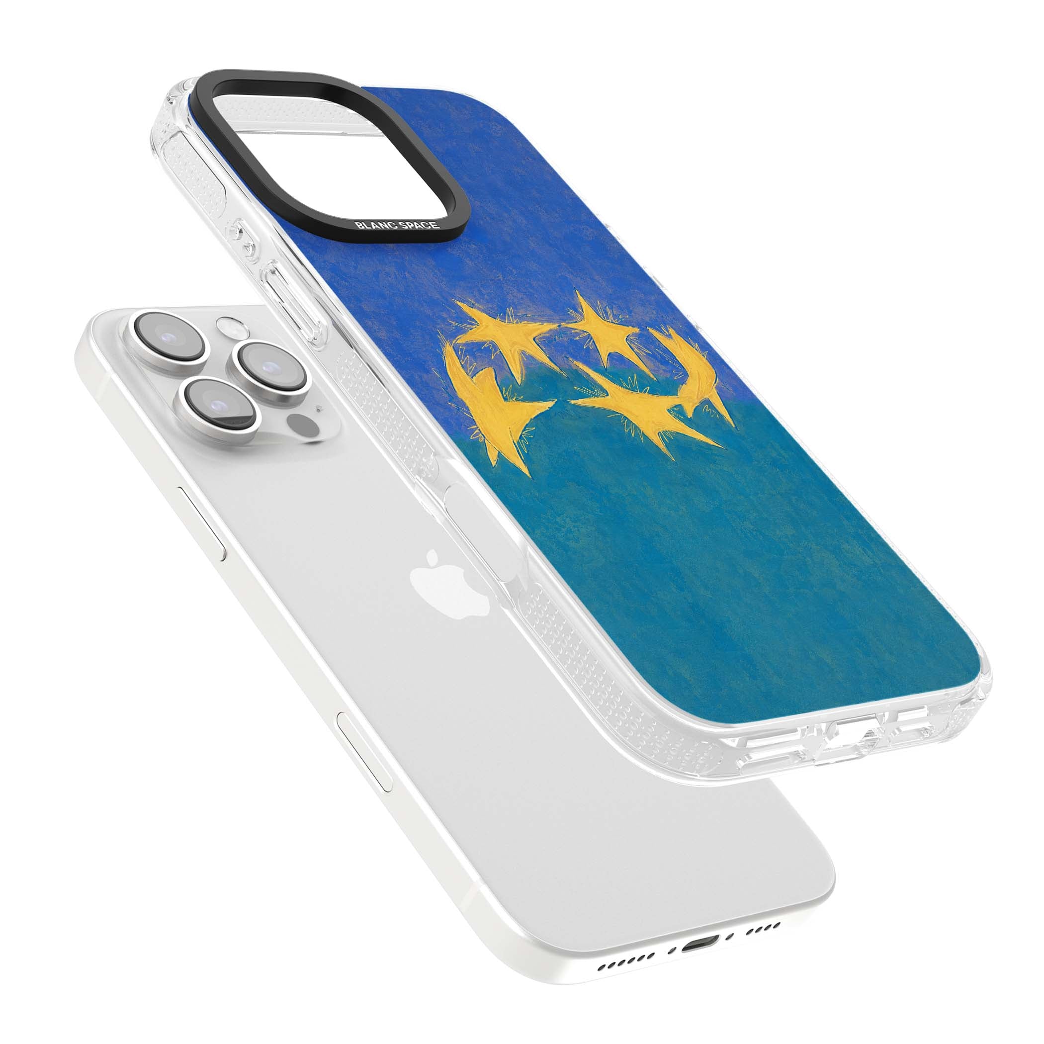 Star Boogie stars aesthetic iPhone case featuring five yellow hand-painted stars on cobalt blue and teal | Clear Case Impact Air case for iPhone 16 Pro, iPhone 16 Pro Max