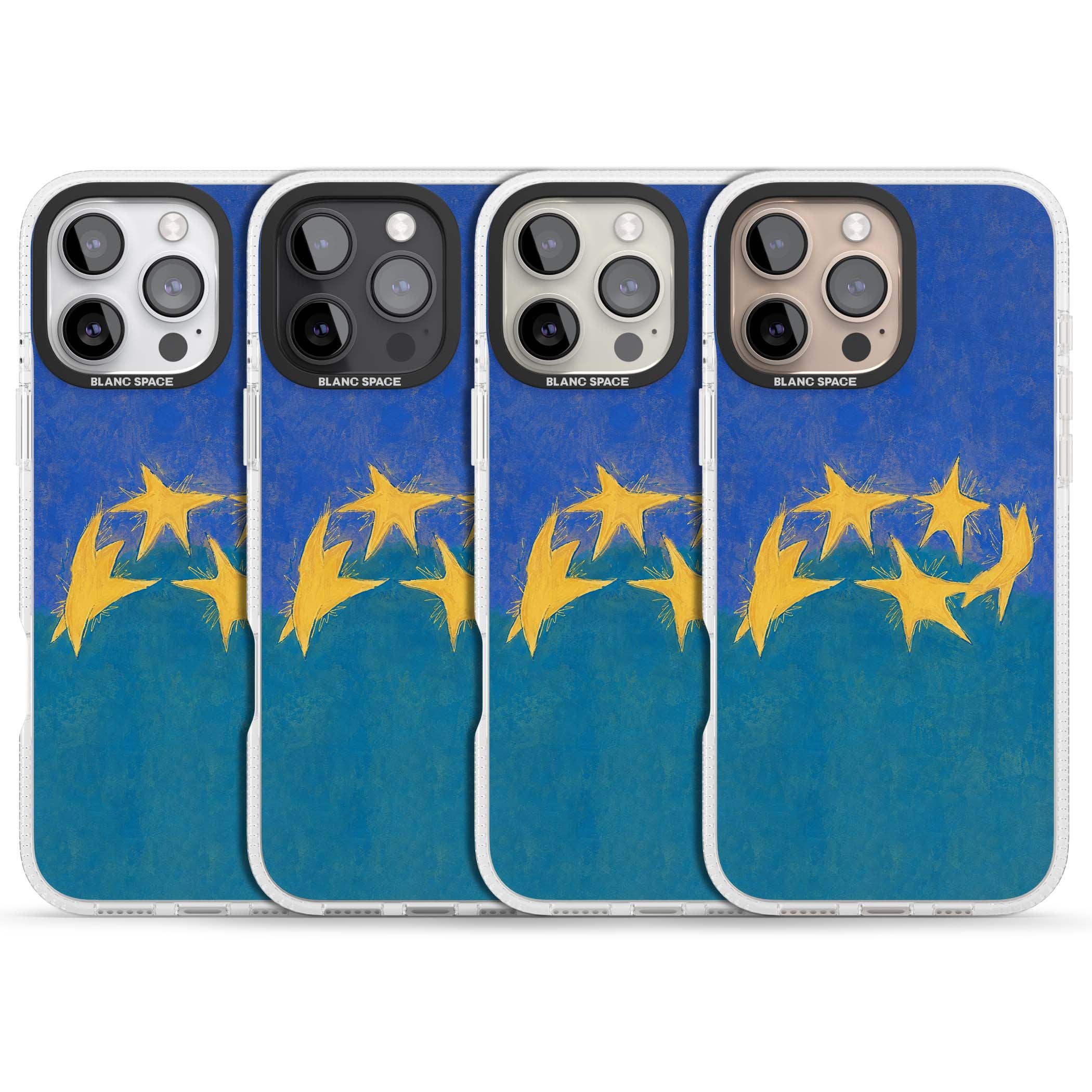 Star Boogie stars aesthetic iPhone case featuring five yellow hand-painted stars on cobalt blue and teal | Clear Case Impact Air case for iPhone 16 Pro, iPhone 16 Pro Max