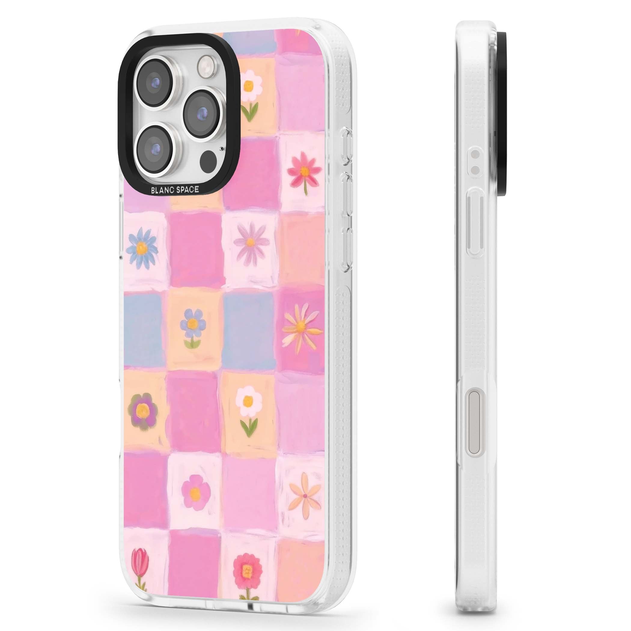Pastel Flower Patchwork cottagecore iPhone case featuring painted pink and lilac squares with daisies and wildflowers | Clear Case Impact Air case for iPhone 16 Pro, iPhone 16 Pro Max
