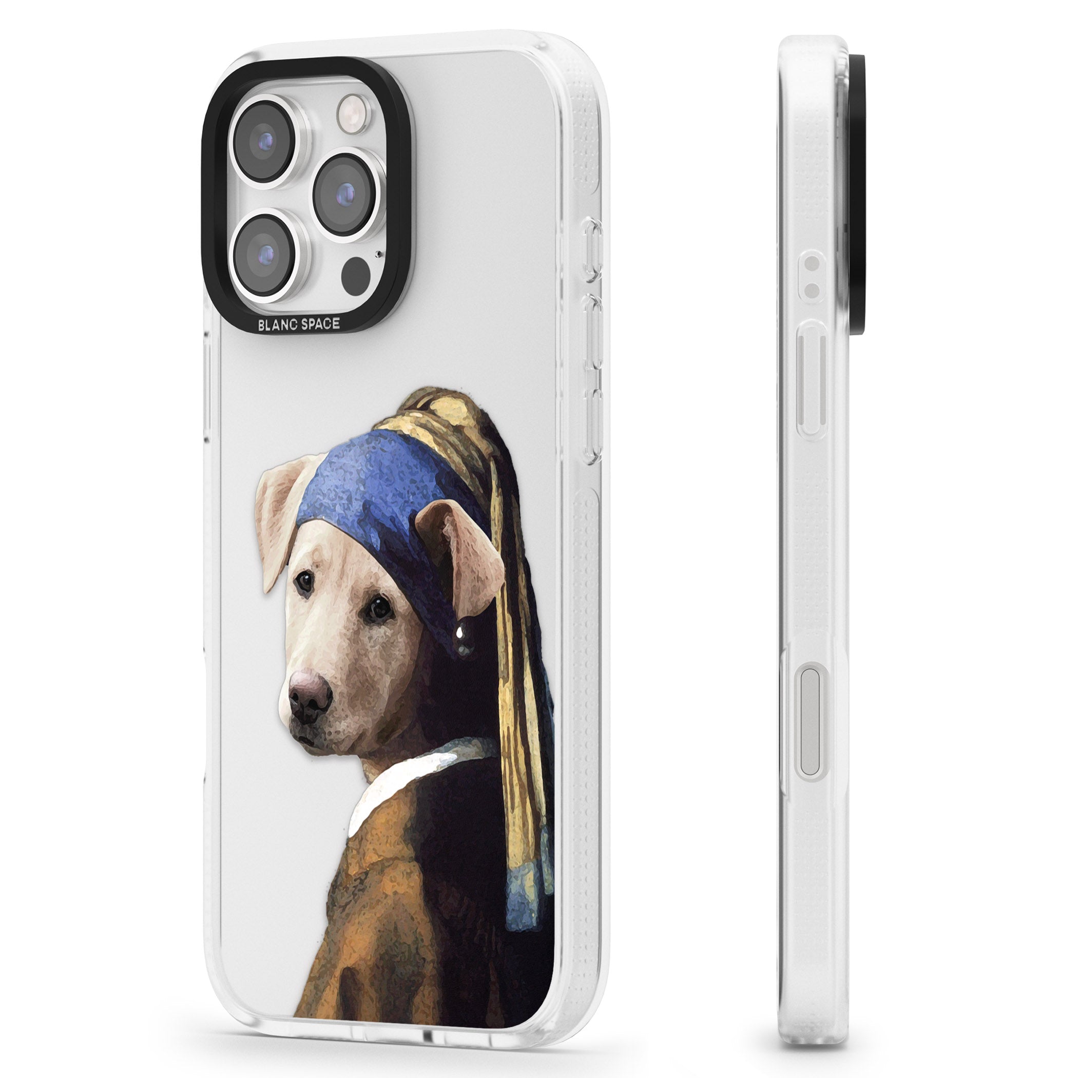 Doggo with a Pearl Earring iPhone 16 Pro Max / 16 Pro Clear Case Impact Air - Blanc Space