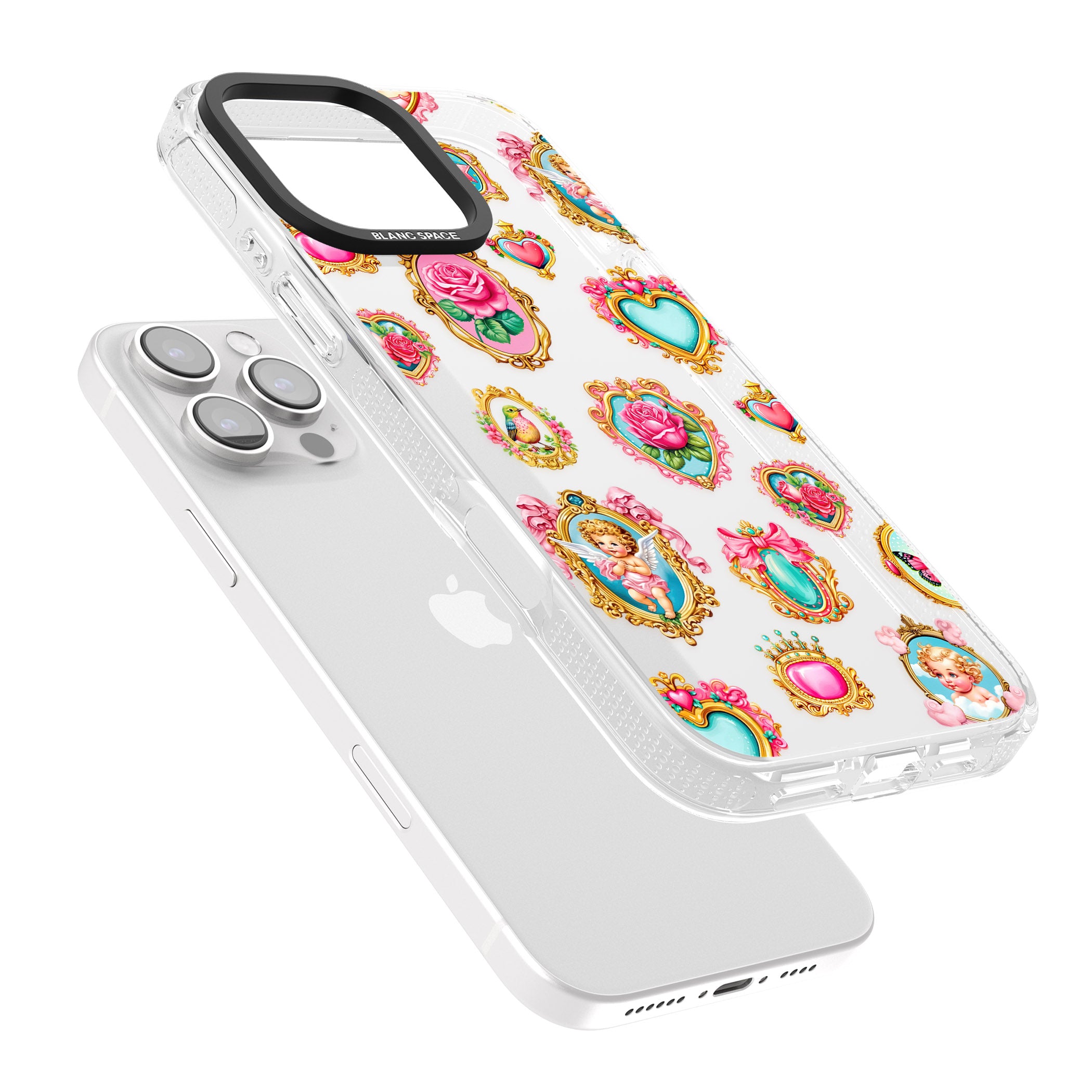 Angelcore Hearts & Frames iPhone 16 Pro Max / 16 Pro Clear Case Impact Air - Blanc Space