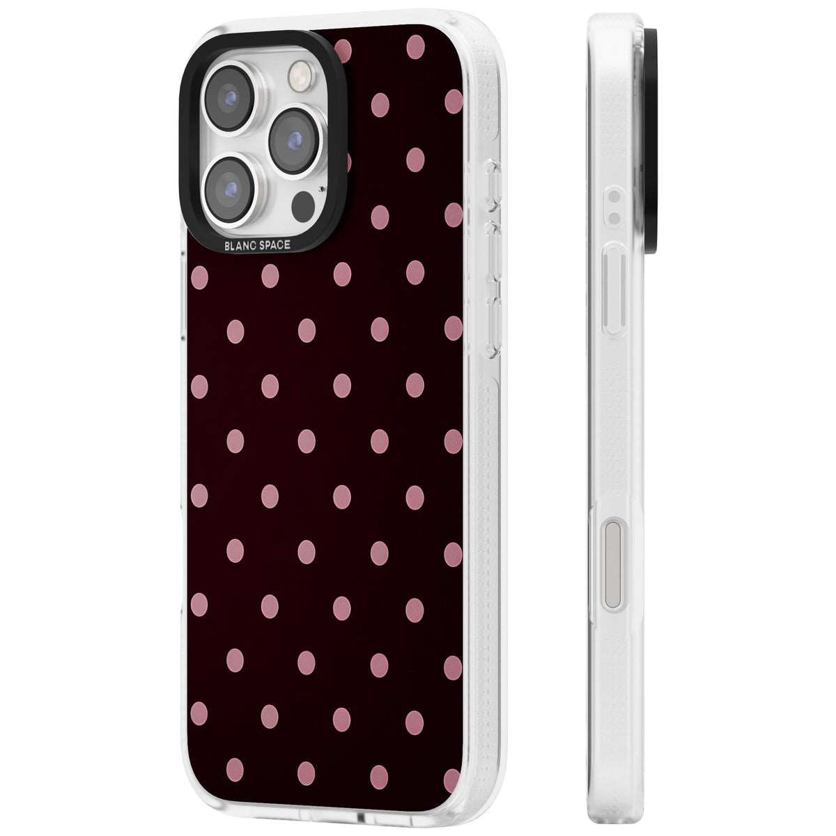 Merlot Dots polka dot iPhone case featuring dusty pink spots on a deep burgundy background in a retro grid iPhone 16 Pro / iPhone 16 Pro Max Impact Air Phone Case side