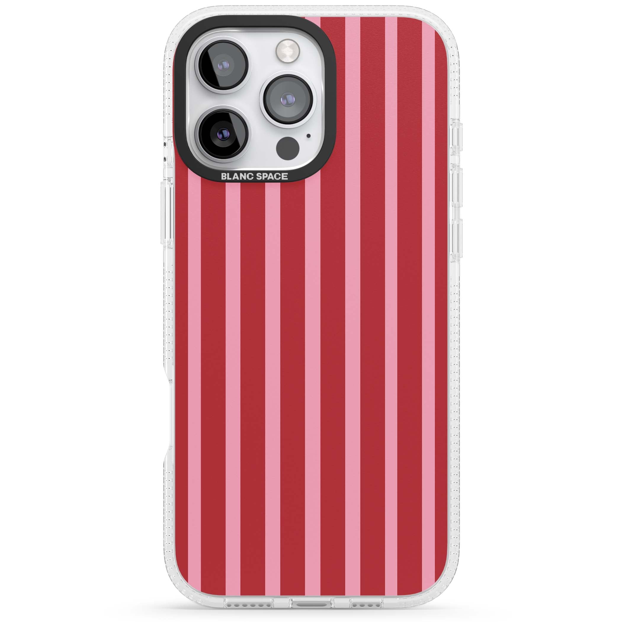 Raspberry Stripe coquette iPhone case featuring red and pink vertical stripes in a candy-inspired pattern | Clear Case Impact Air case for iPhone 16 Pro, iPhone 16 Pro Max