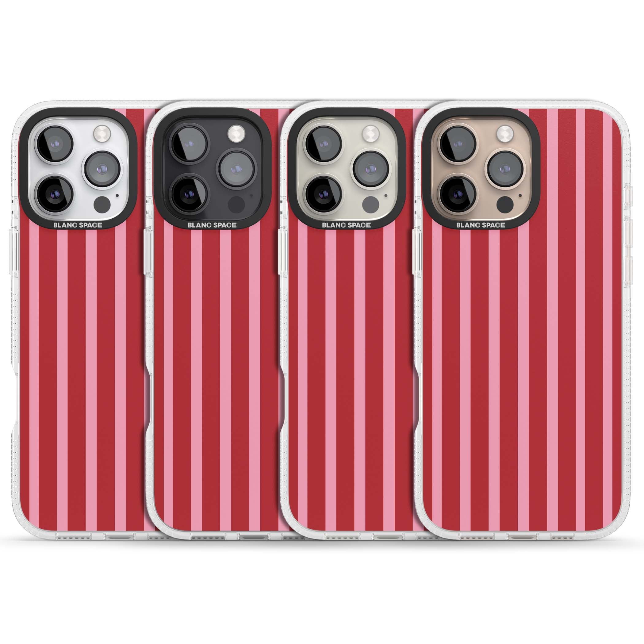 Raspberry Stripe coquette iPhone case featuring red and pink vertical stripes in a candy-inspired pattern | Clear Case Impact Air case for iPhone 16 Pro, iPhone 16 Pro Max
