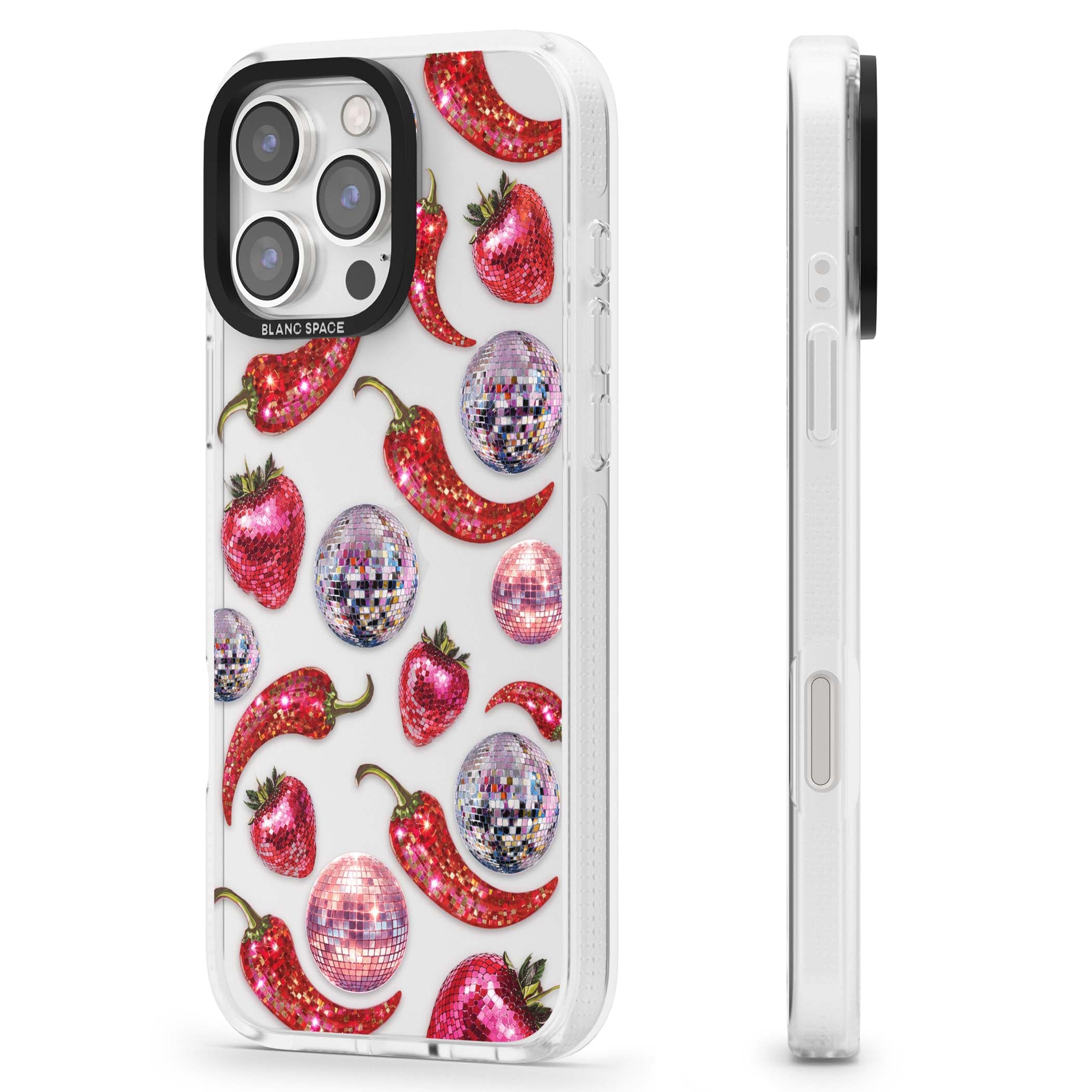 Spicy Disco Y2K iPhone case featuring glitter disco balls, sparkly strawberries and red chilli peppers | Clear Case Impact Air case for iPhone 16 Pro, iPhone 16 Pro Max