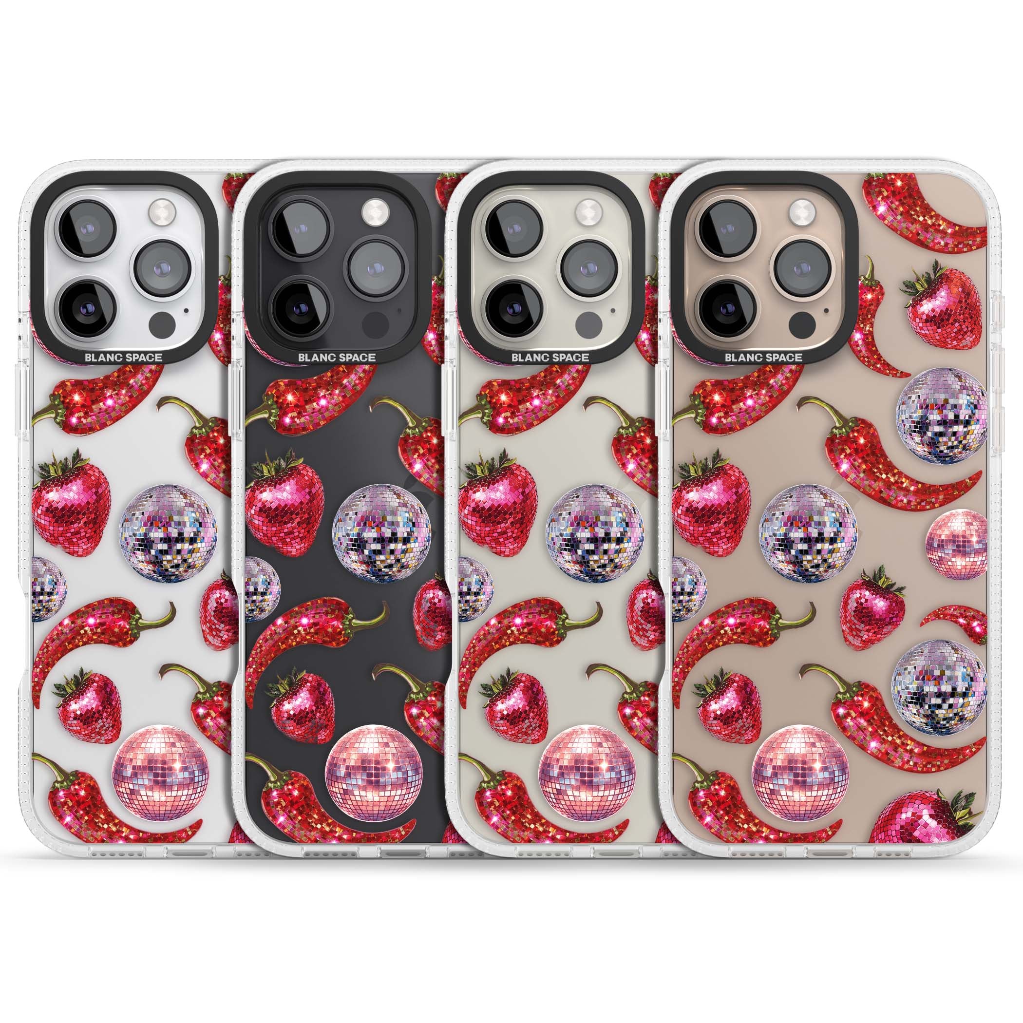 Spicy Disco Y2K iPhone case featuring glitter disco balls, sparkly strawberries and red chilli peppers | Clear Case Impact Air case for iPhone 16 Pro, iPhone 16 Pro Max