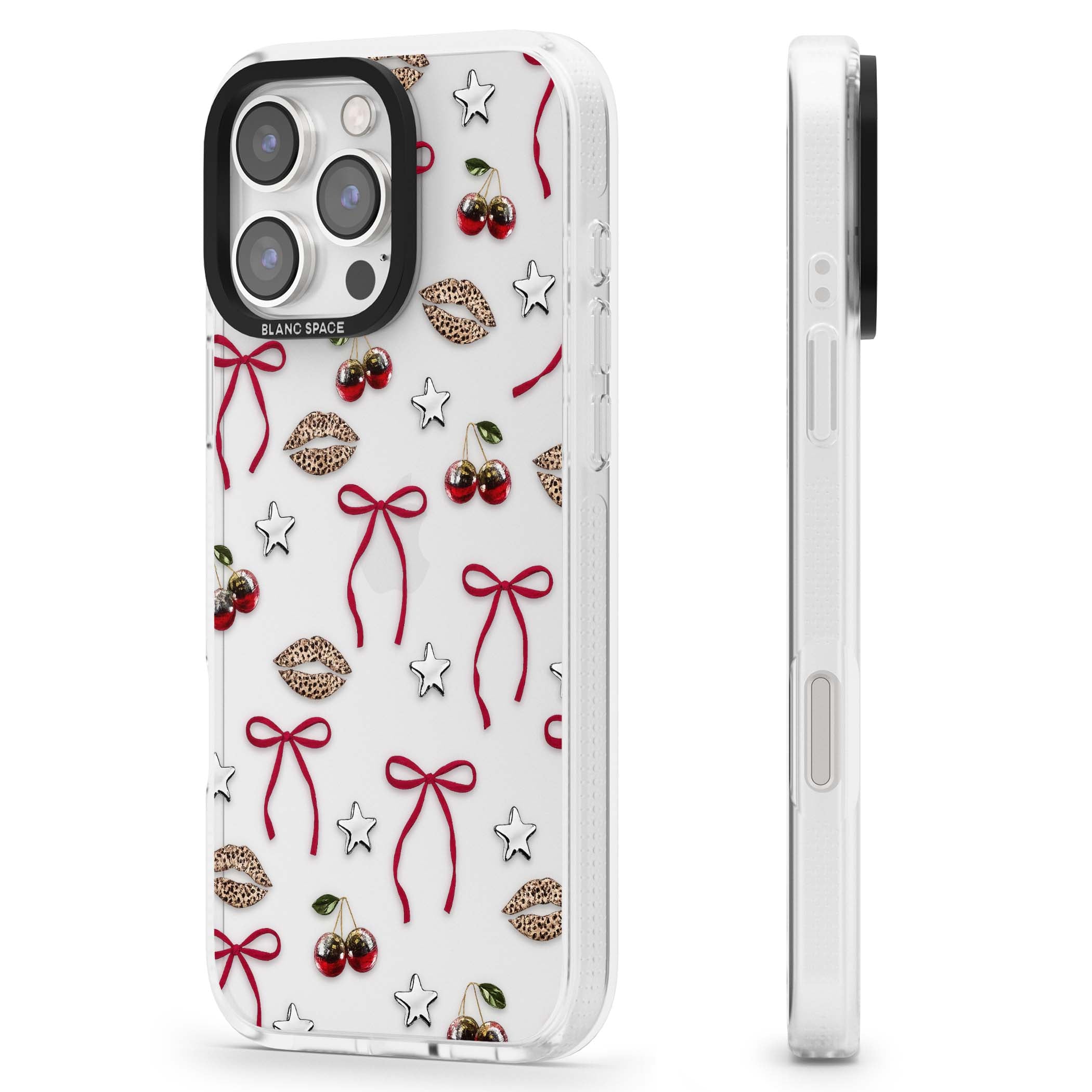 Starlet coquette iPhone case featuring red ribbon bows, disco cherries and leopard-print lips | Clear Case Impact Air case for iPhone 16 Pro, iPhone 16 Pro Max