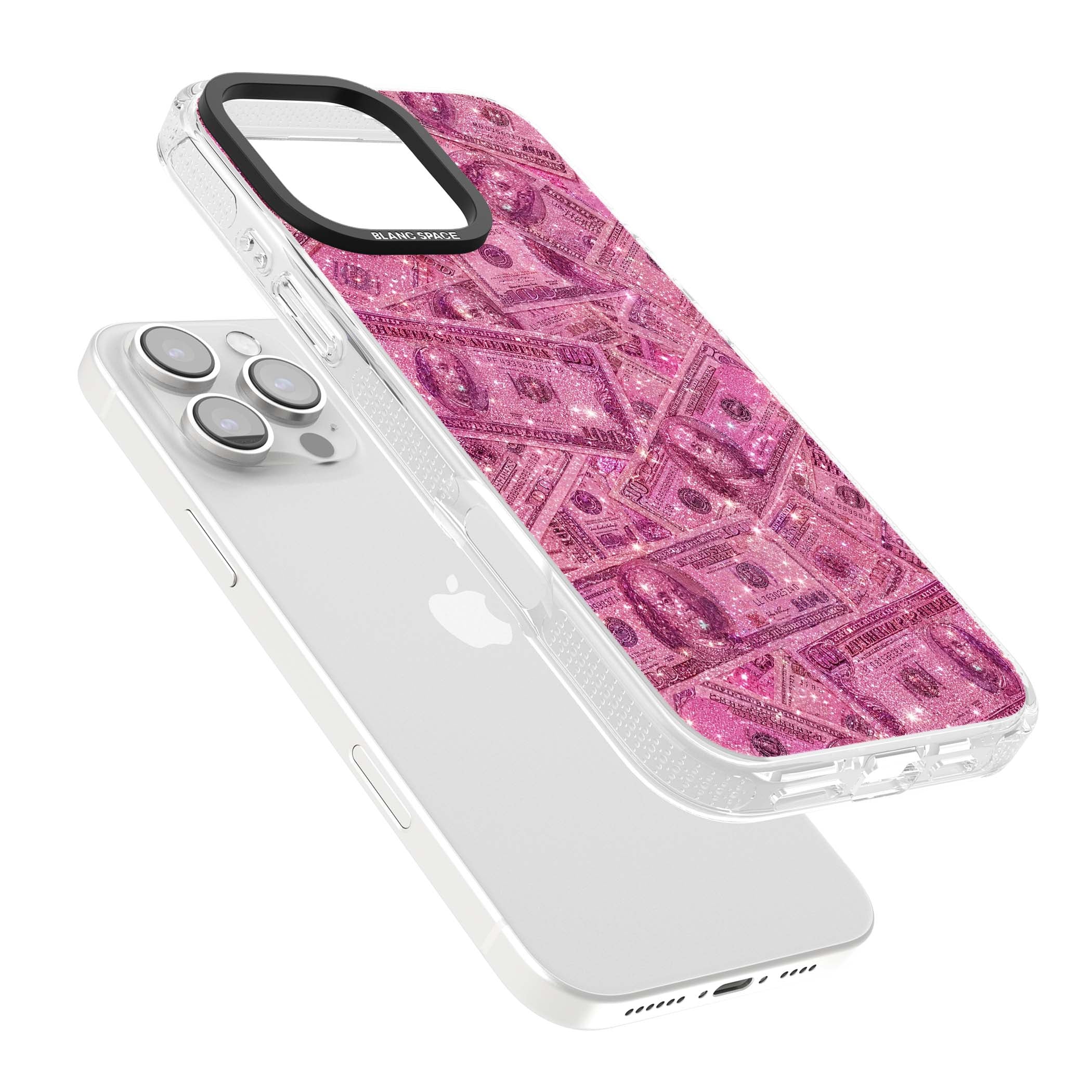 Glamorous baddie iPhone case featuring pink glitter hundred dollar bills and sparkling money wallpaper design | Clear Case Impact Air case for iPhone 16 Pro, iPhone 16 Pro Max
