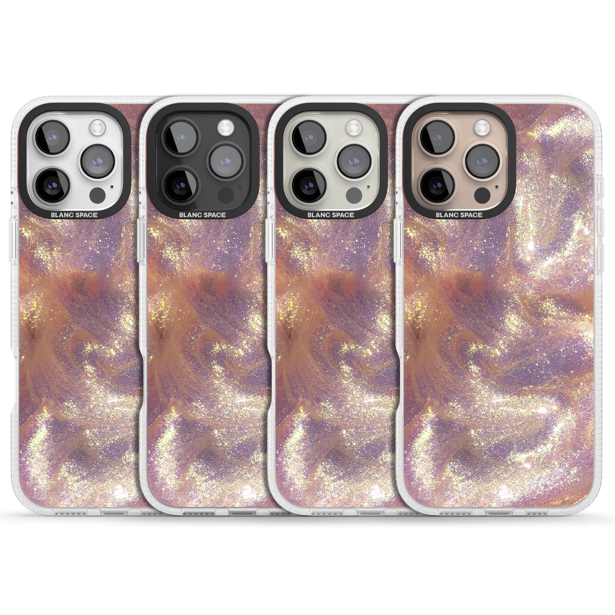 Shimmer marble iPhone case featuring rose gold glitter swirls, lilac shimmer and iridescent pearl finish | Clear Case Impact Air case for iPhone 16 Pro, iPhone 16 Pro Max
