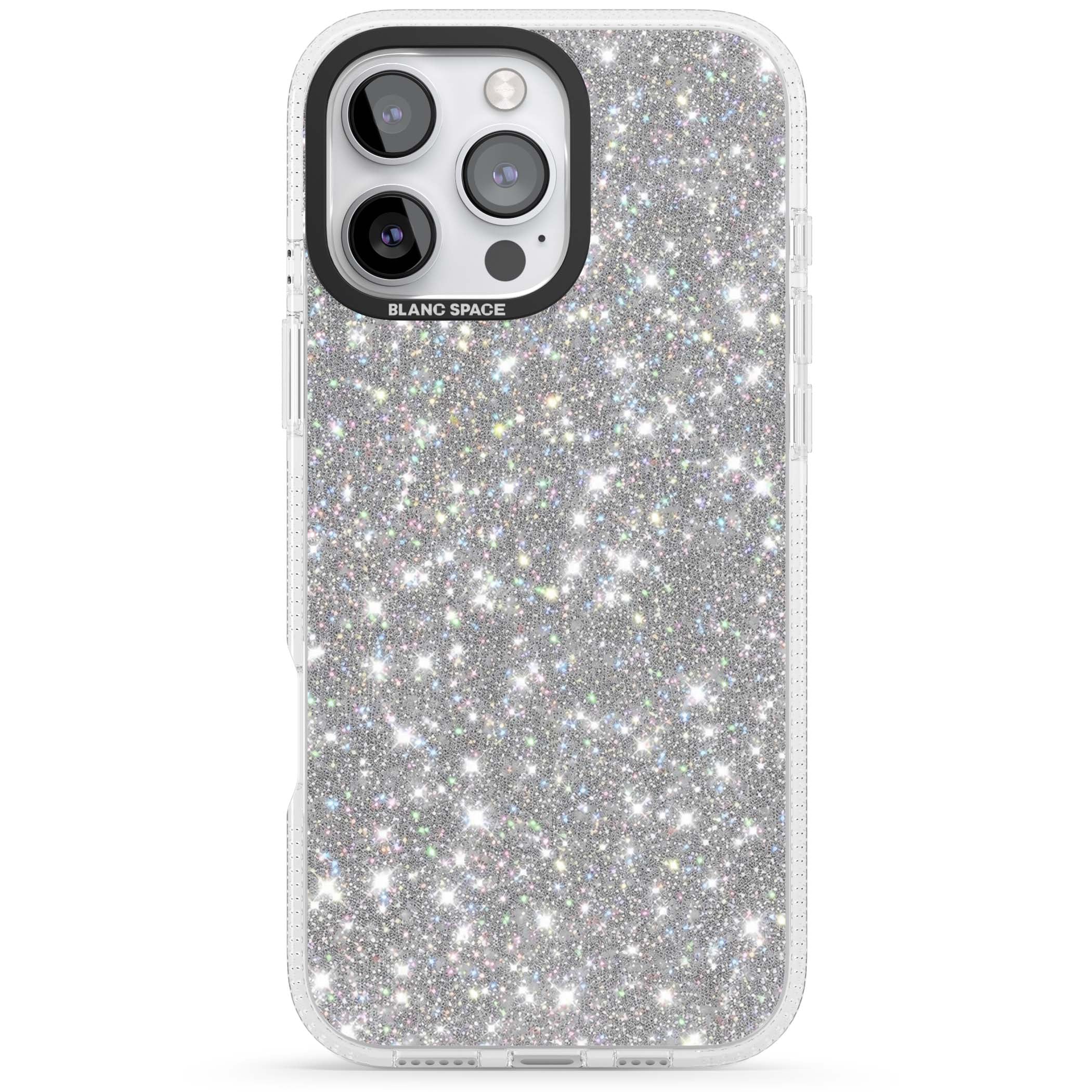Diamond glam iPhone case featuring silver glitter sparkle and shimmering diamond dust effect | Clear Case Impact Air case for iPhone 16 Pro, iPhone 16 Pro Max