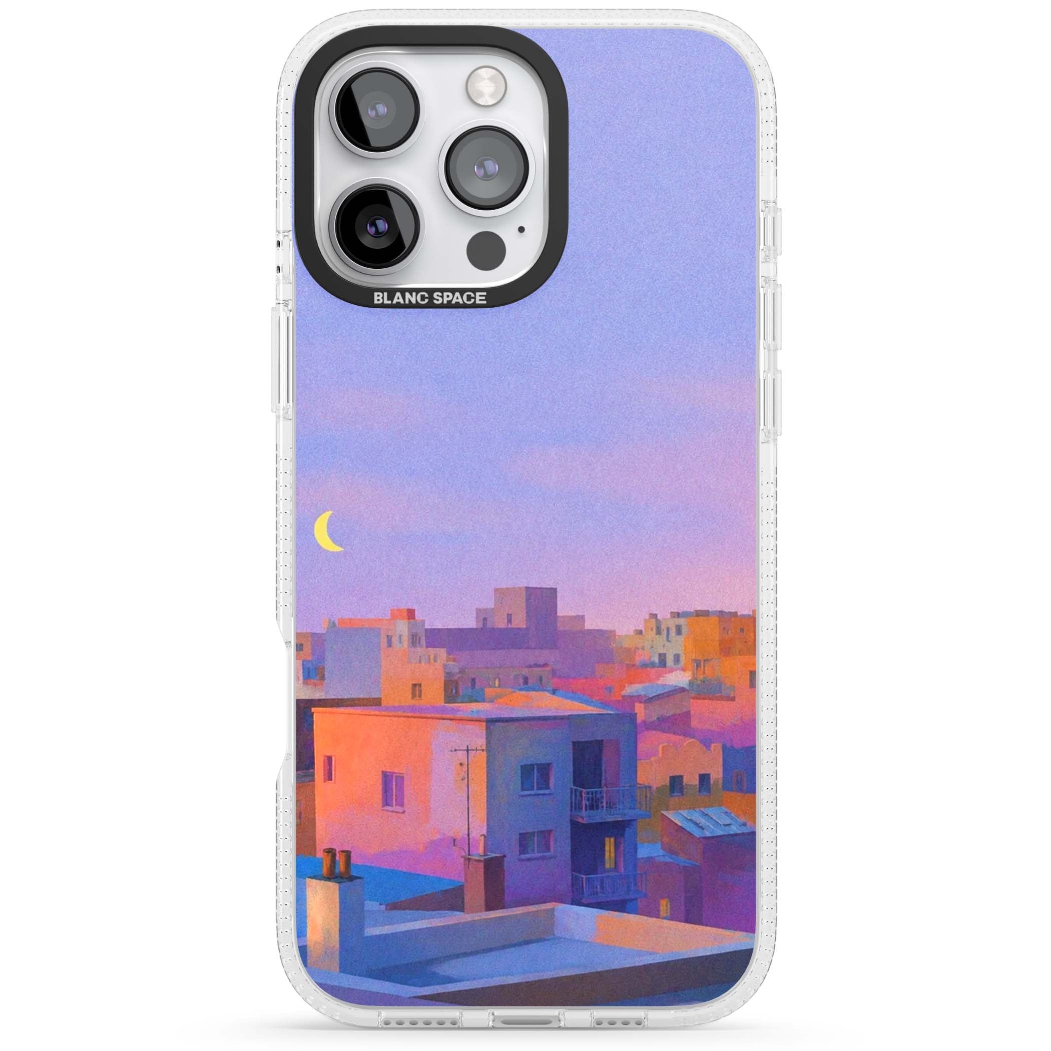 Twilight Rooftops vaporwave iPhone case featuring a pastel sunset cityscape, painted rooftops and a crescent moon. | Clear Case Impact Air case for iPhone 16 Pro, iPhone 16 Pro Max