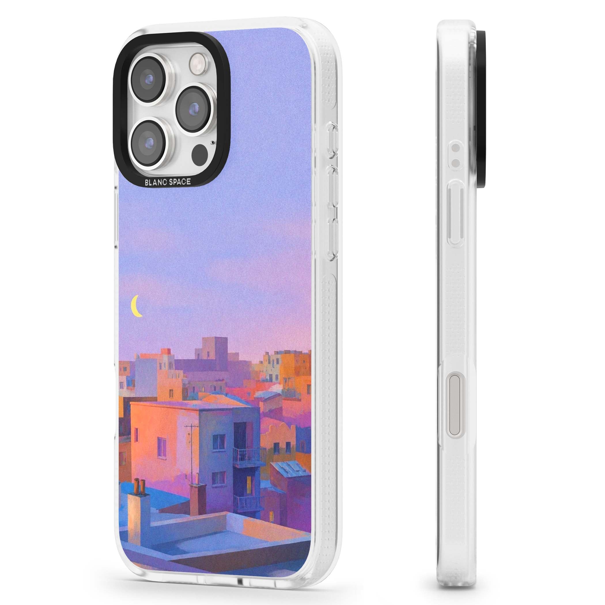 Twilight Rooftops vaporwave iPhone case featuring a pastel sunset cityscape, painted rooftops and a crescent moon. | Clear Case Impact Air case for iPhone 16 Pro, iPhone 16 Pro Max