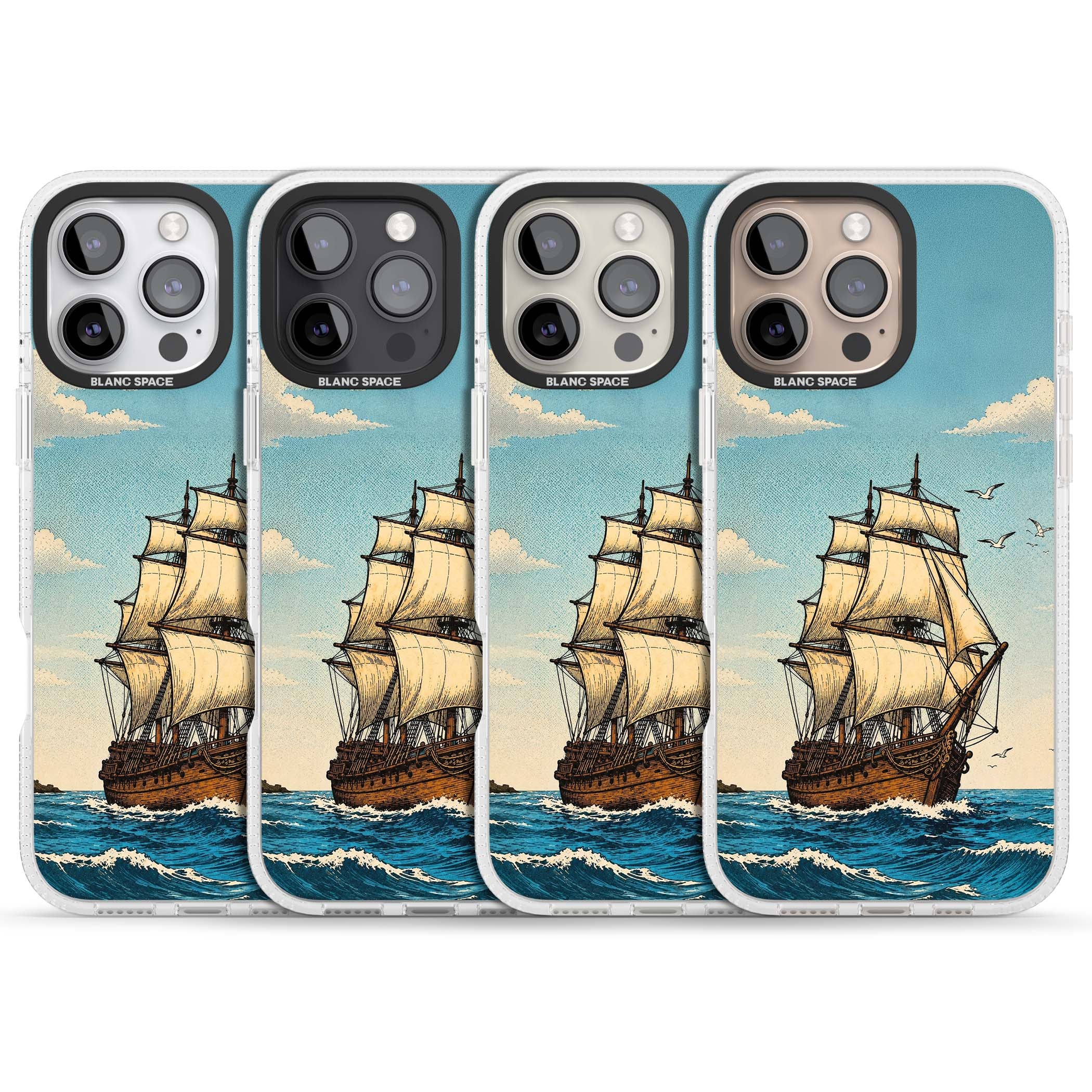 Ship at Sea nautical iPhone case featuring a vintage tall ship, ocean waves and seagulls | Clear Case Impact Air case for iPhone 16 Pro, iPhone 16 Pro Max