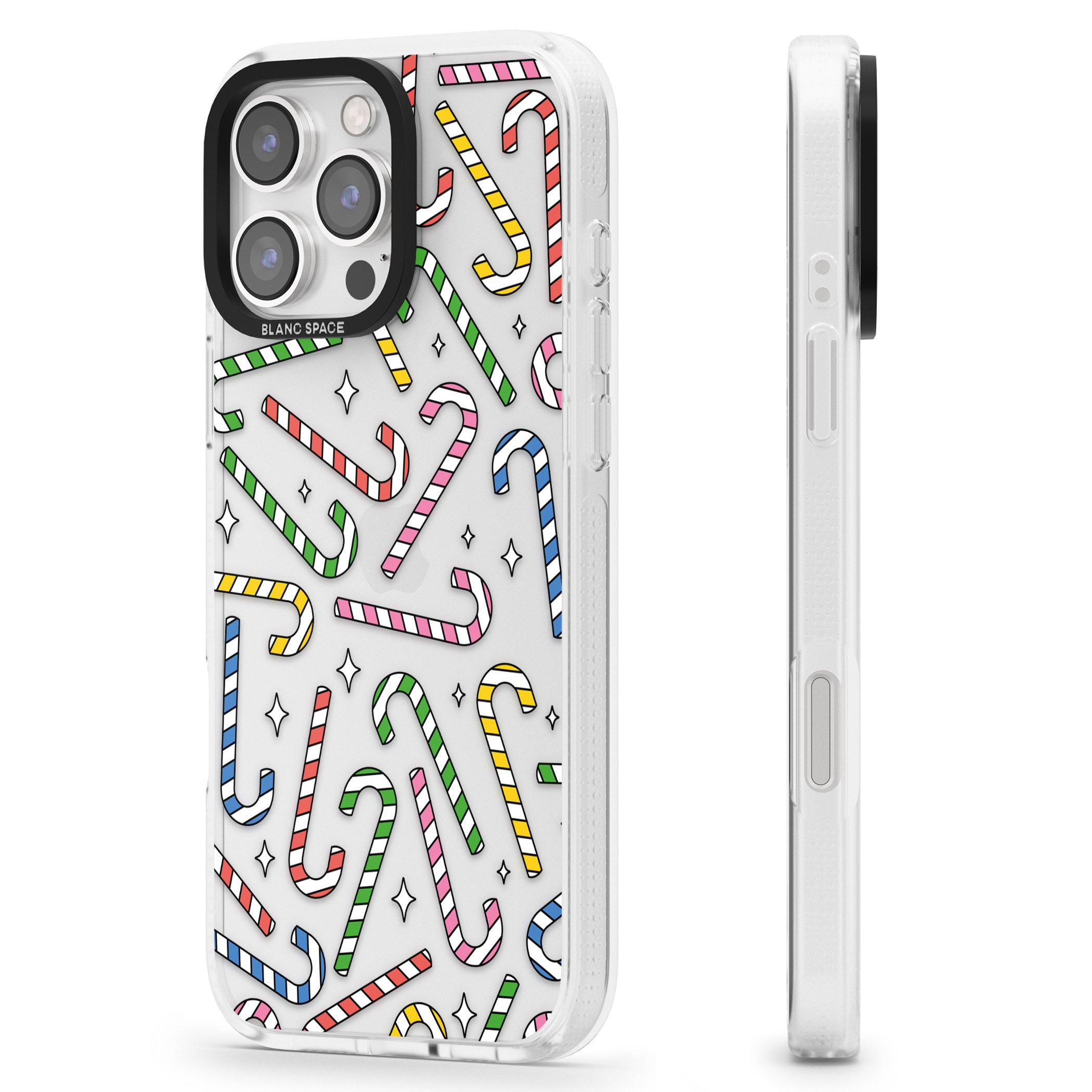 Colourful Stars & Candy Canes iPhone 16 Pro Max / 16 Pro Clear Case Impact Air - Blanc Space