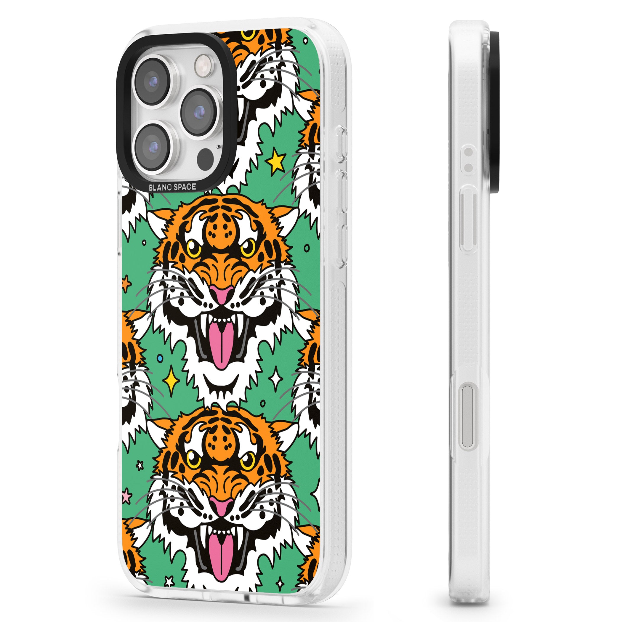 Fierce Jungle Tigers (Green) iPhone 16 Pro Max / 16 Pro Clear Case Impact Air - Blanc Space