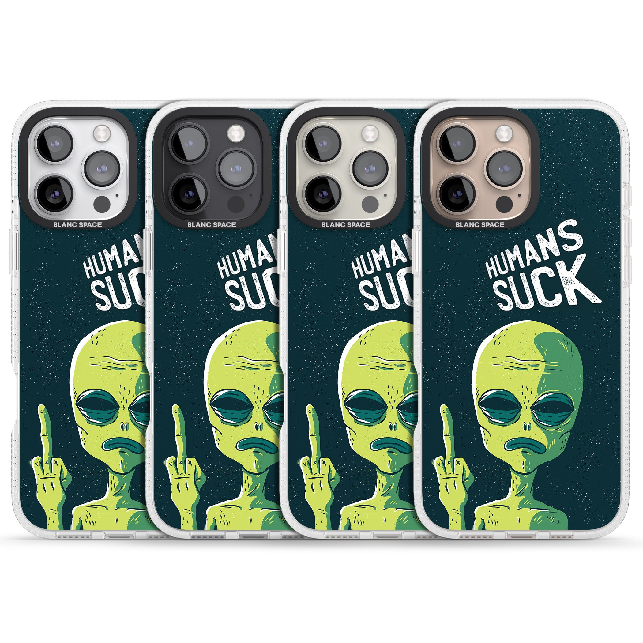 Humans Suck Alien iPhone 16 Pro Max / 16 Pro Clear Case Impact Air - Blanc Space