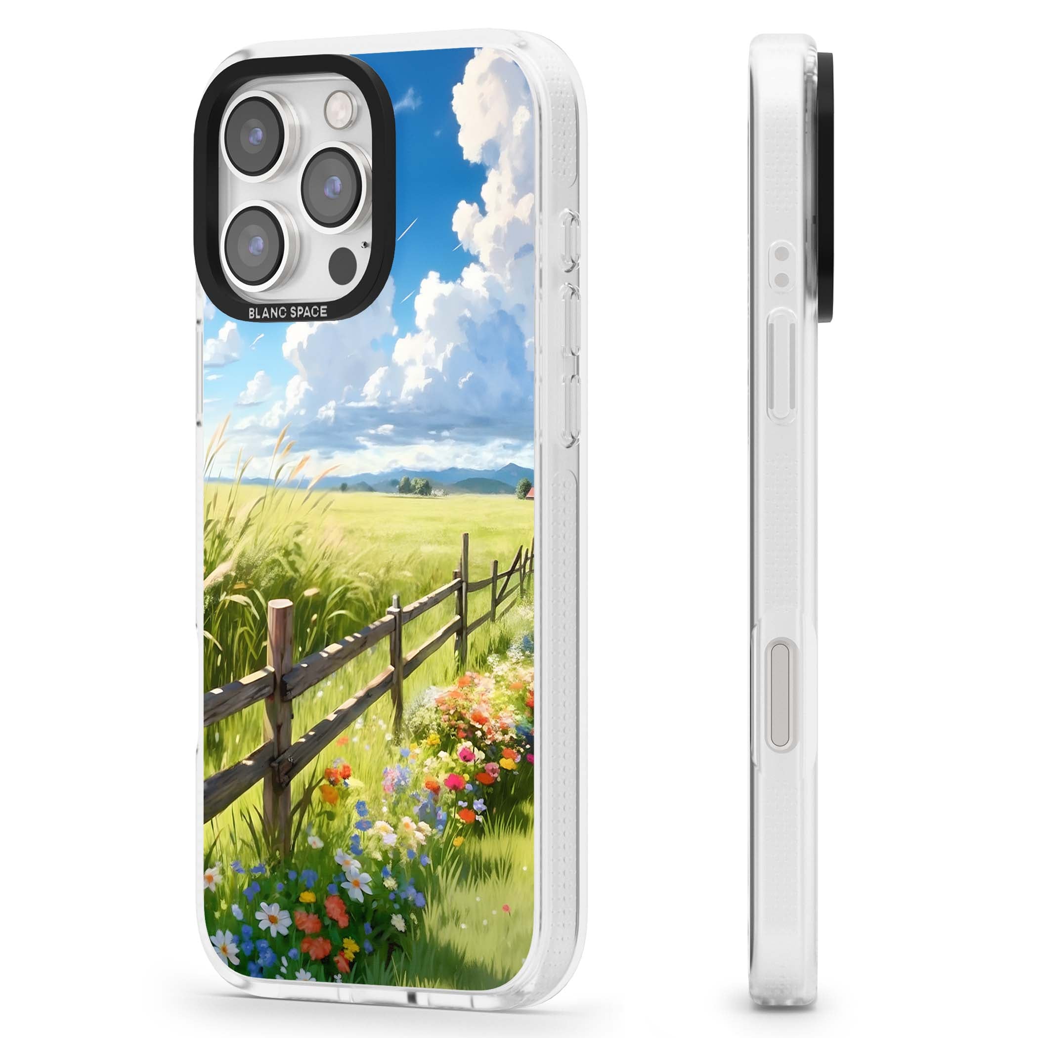 A Countryside Afternoon cottagecore iPhone case featuring a painted countryside meadow, wooden fence, and wildflowers beneath | Clear Case Impact Air case for iPhone 16 Pro, iPhone 16 Pro Max