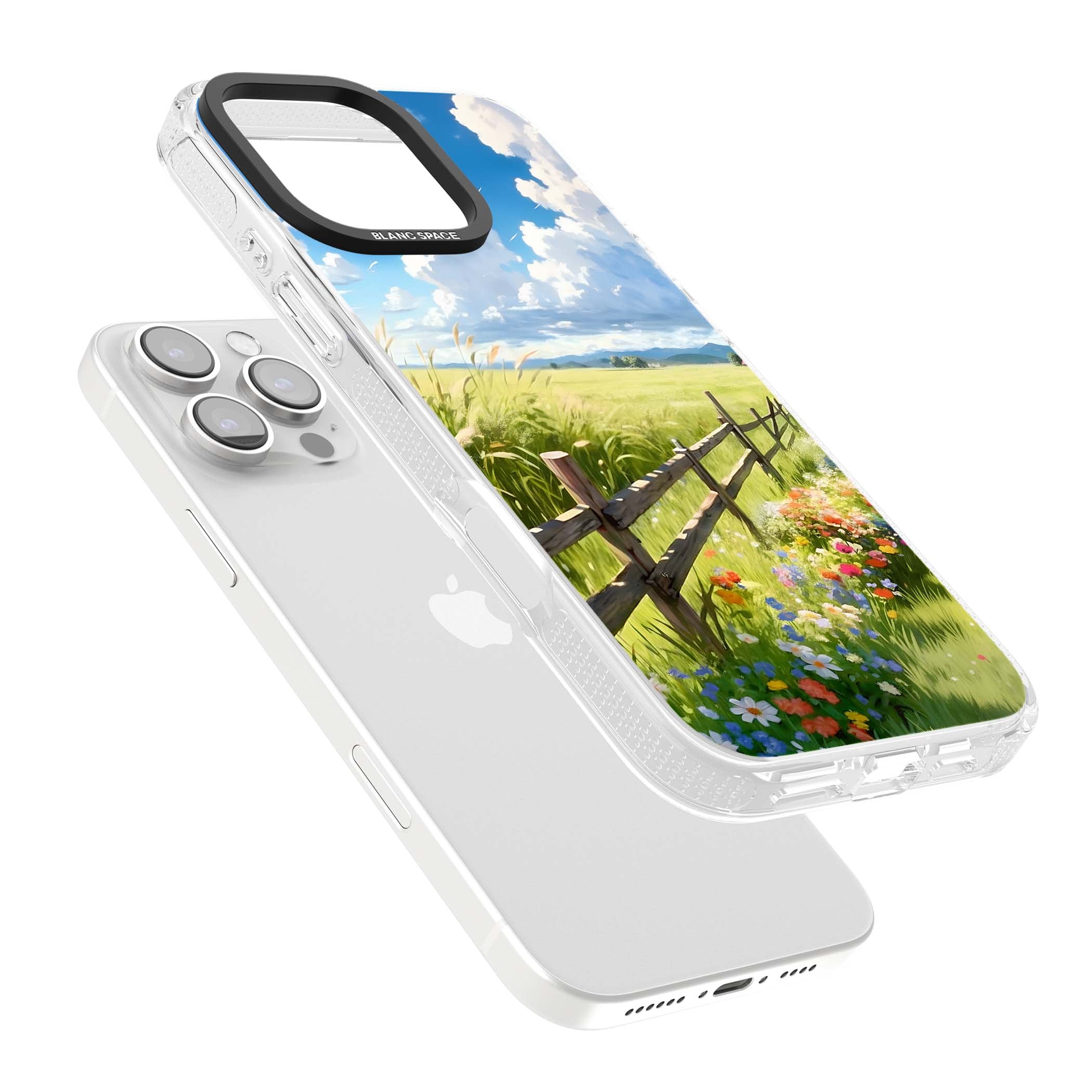 A Countryside Afternoon cottagecore iPhone case featuring a painted countryside meadow, wooden fence, and wildflowers beneath | Clear Case Impact Air case for iPhone 16 Pro, iPhone 16 Pro Max