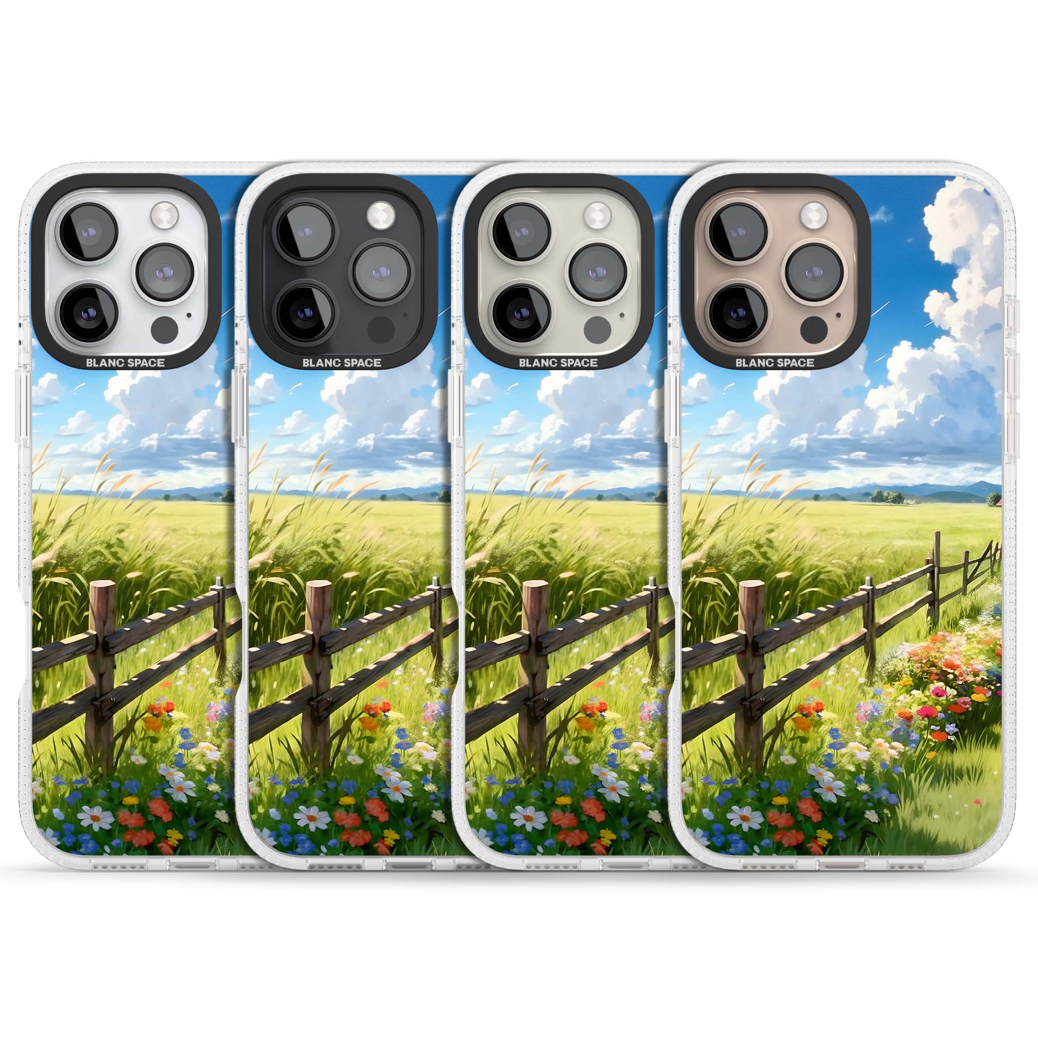 A Countryside Afternoon cottagecore iPhone case featuring a painted countryside meadow, wooden fence, and wildflowers beneath | Clear Case Impact Air case for iPhone 16 Pro, iPhone 16 Pro Max