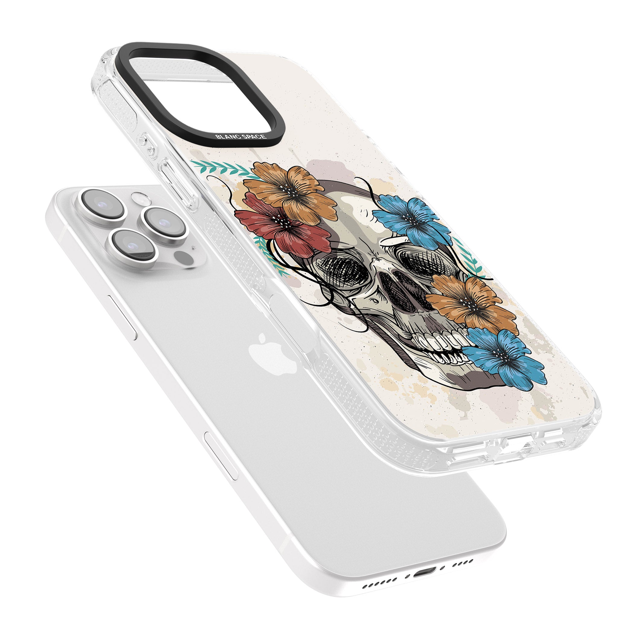 Sugar Skull Floral iPhone 16 Pro Max / 16 Pro Clear Case Impact Air - Blanc Space