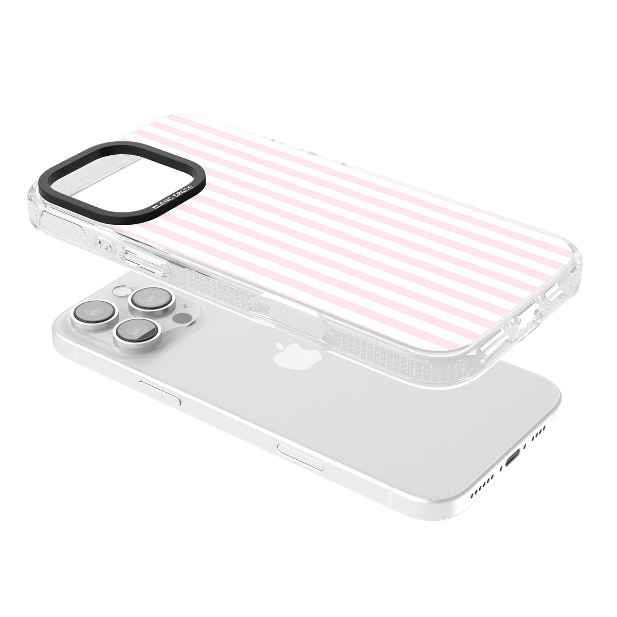 Pink Stripe preppy iPhone case featuring soft pastel pink and white vertical candy stripes iPhone 16 Pro / iPhone 16 Pro Max Impact Air Phone Case angled