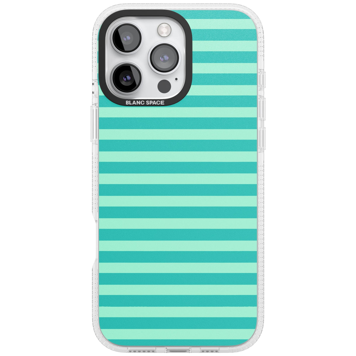 Turquoise Stripe preppy iPhone case featuring horizontal teal and mint green stripes on a black protective frame iPhone 16 Pro Max Impact Air Phone Case front