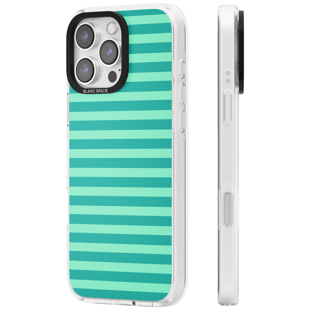 Turquoise Stripe preppy iPhone case featuring horizontal teal and mint green stripes on a black protective frame iPhone 16 Pro / iPhone 16 Pro Max Impact Air Phone Case side
