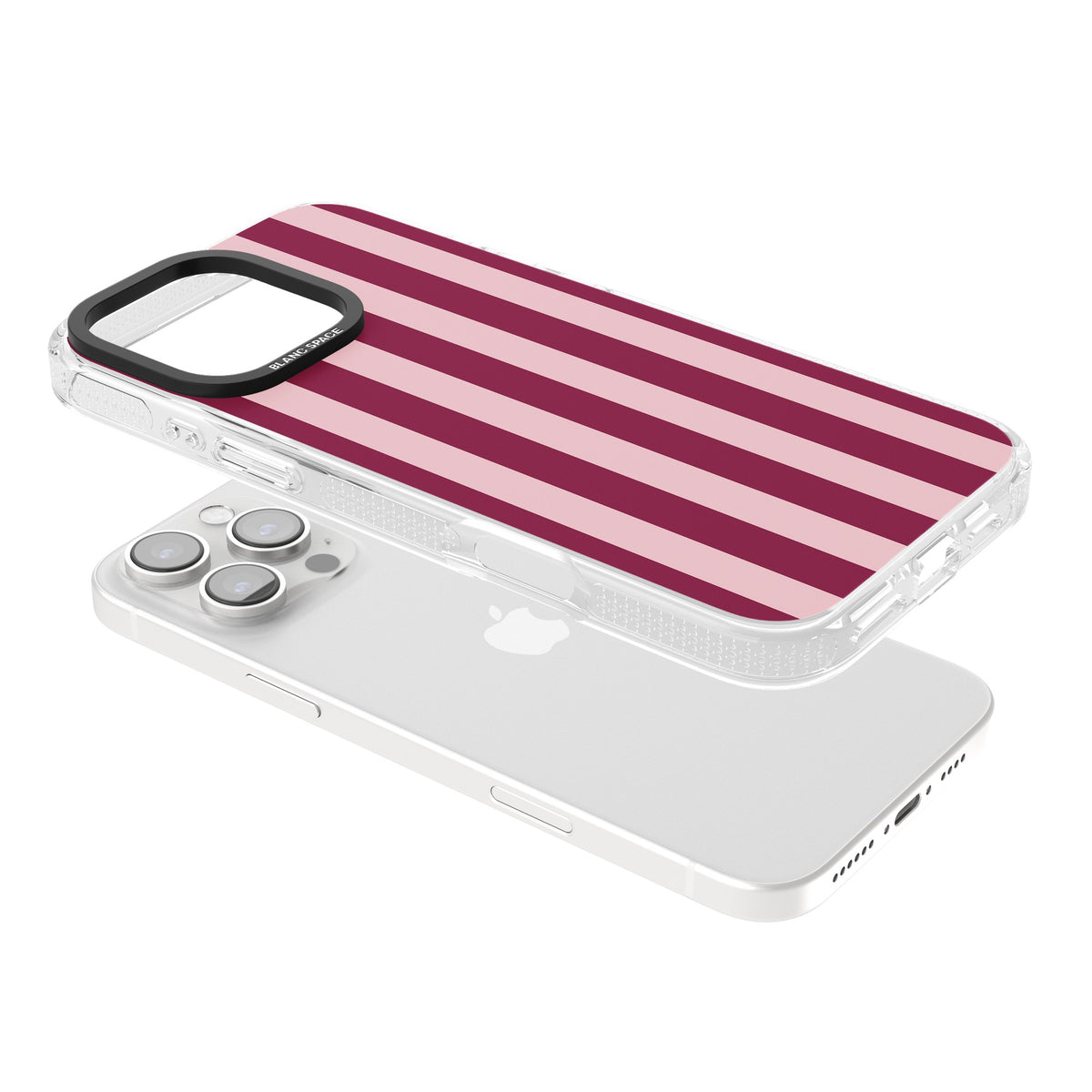 Bordeaux Belle preppy iPhone case featuring bold vertical stripes in burgundy and soft blush pink iPhone 16 Pro / iPhone 16 Pro Max Impact Air Phone Case angled