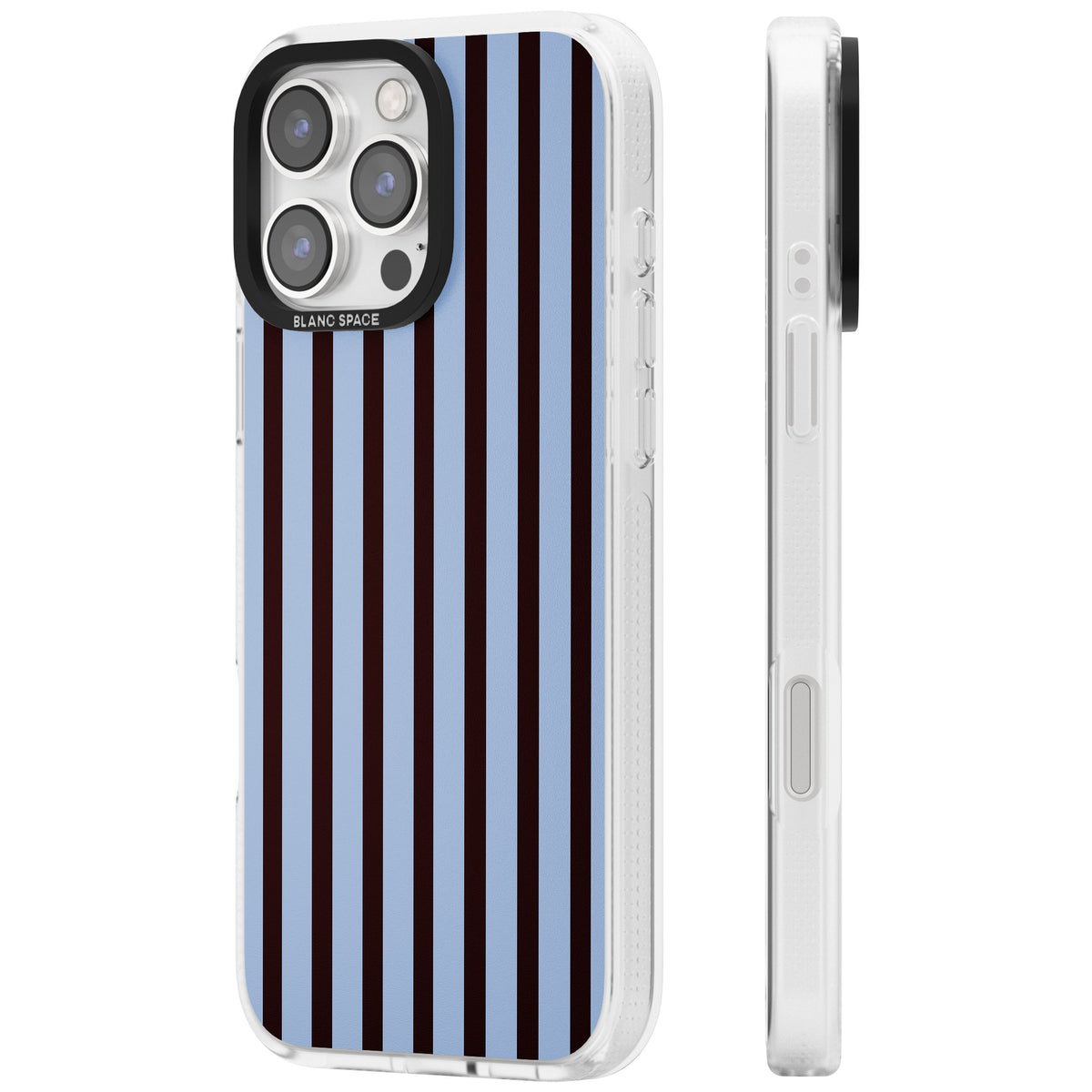 Blackcurrant Stripe preppy iPhone case featuring vertical burgundy and light blue stripes in a classic pinstripe layout iPhone 16 Pro / iPhone 16 Pro Max Impact Air Phone Case side