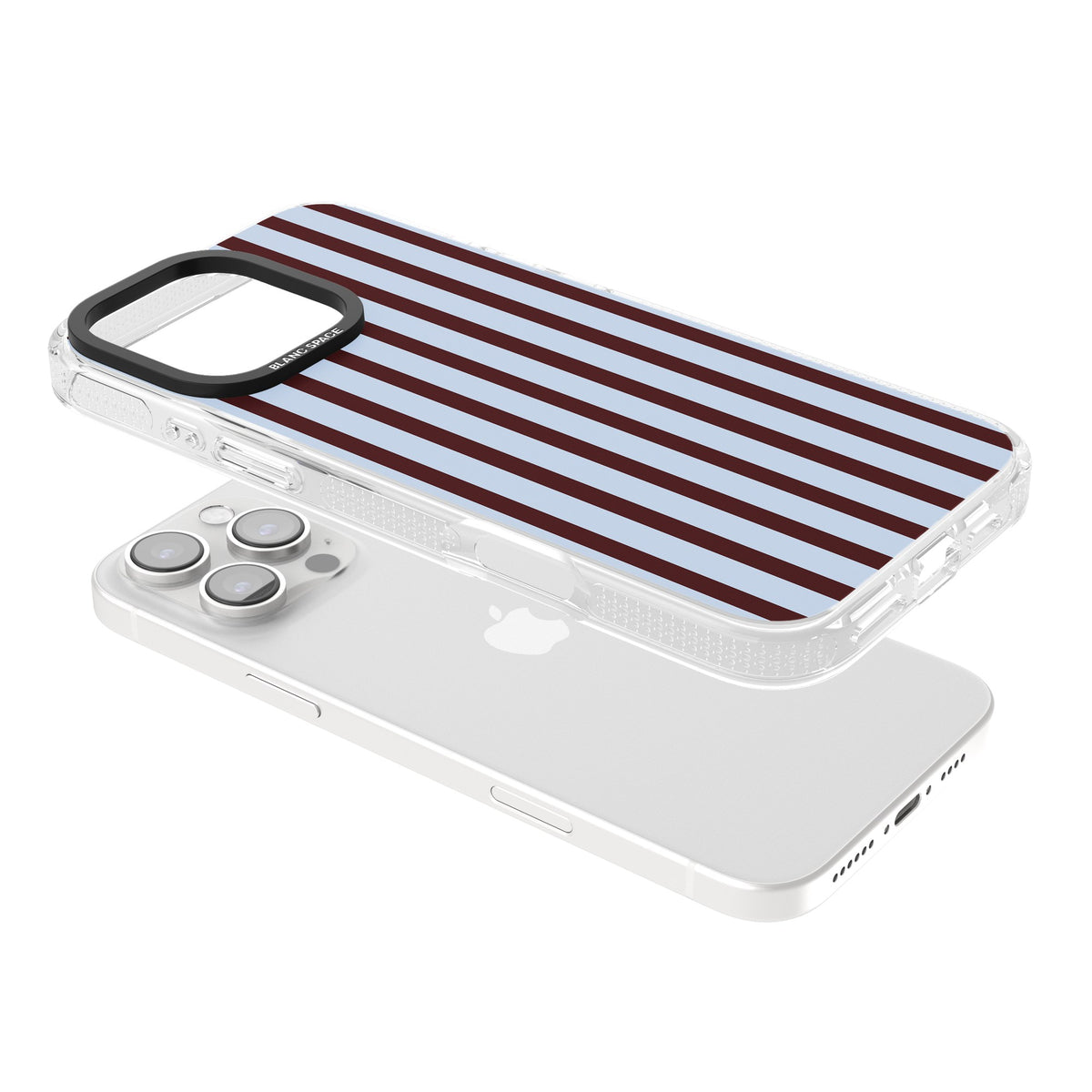 Blackcurrant Stripe preppy iPhone case featuring vertical burgundy and light blue stripes in a classic pinstripe layout iPhone 16 Pro / iPhone 16 Pro Max Impact Air Phone Case angled