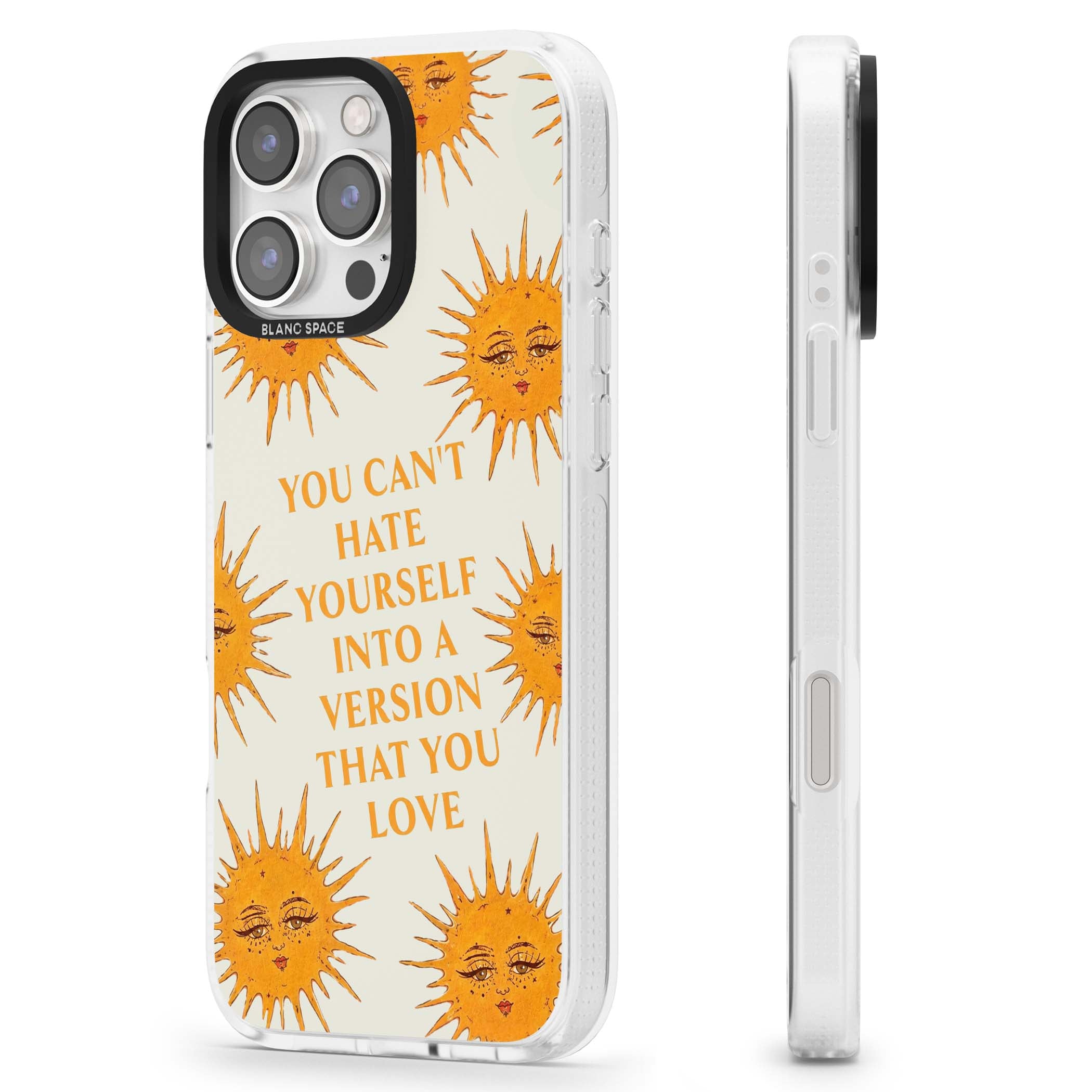 Don't Hate Yourself celestial iPhone case featuring vintage sun faces, ochre rays and a self-love quote | Clear Case Impact Air case for iPhone 16 Pro, iPhone 16 Pro Max