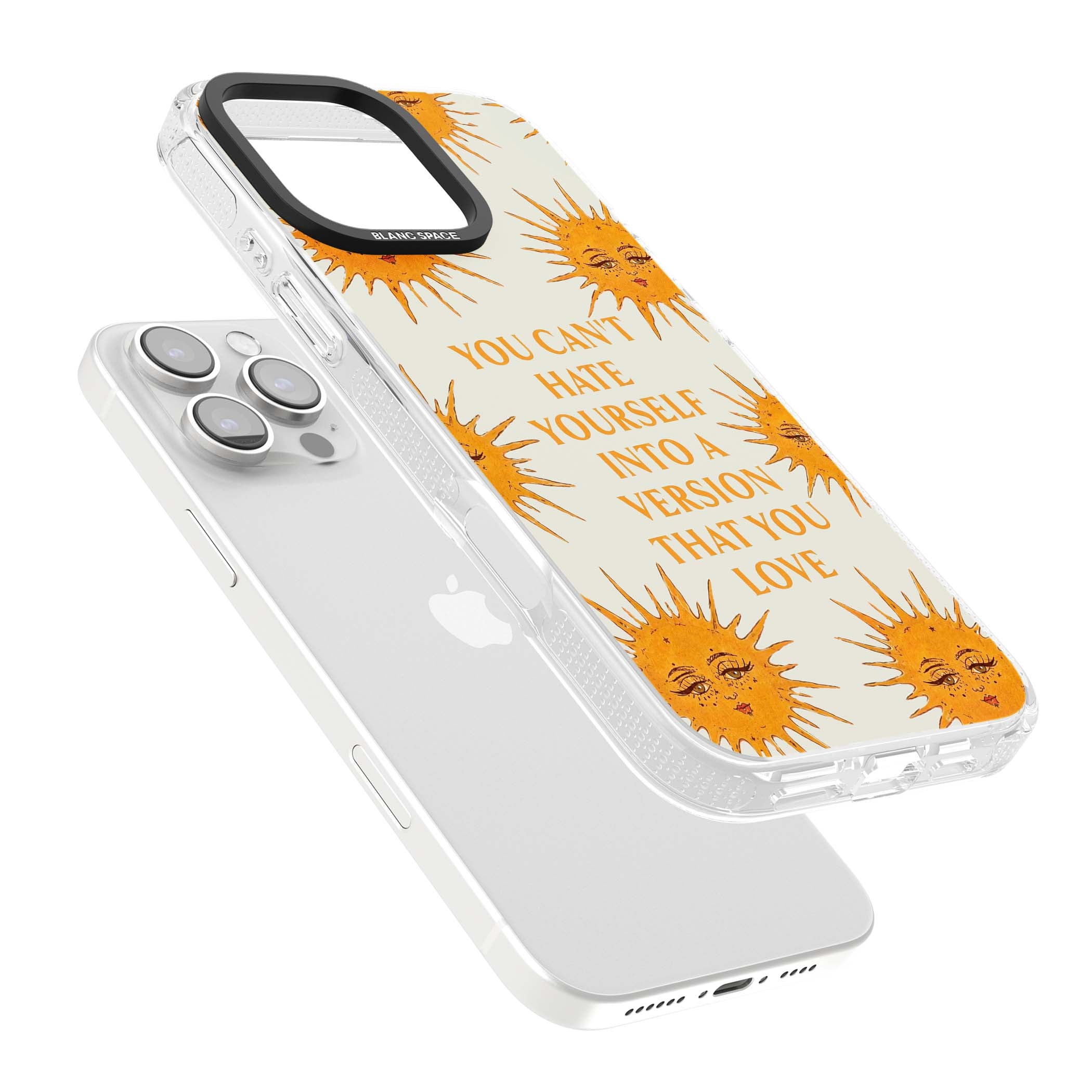 Don't Hate Yourself celestial iPhone case featuring vintage sun faces, ochre rays and a self-love quote | Clear Case Impact Air case for iPhone 16 Pro, iPhone 16 Pro Max
