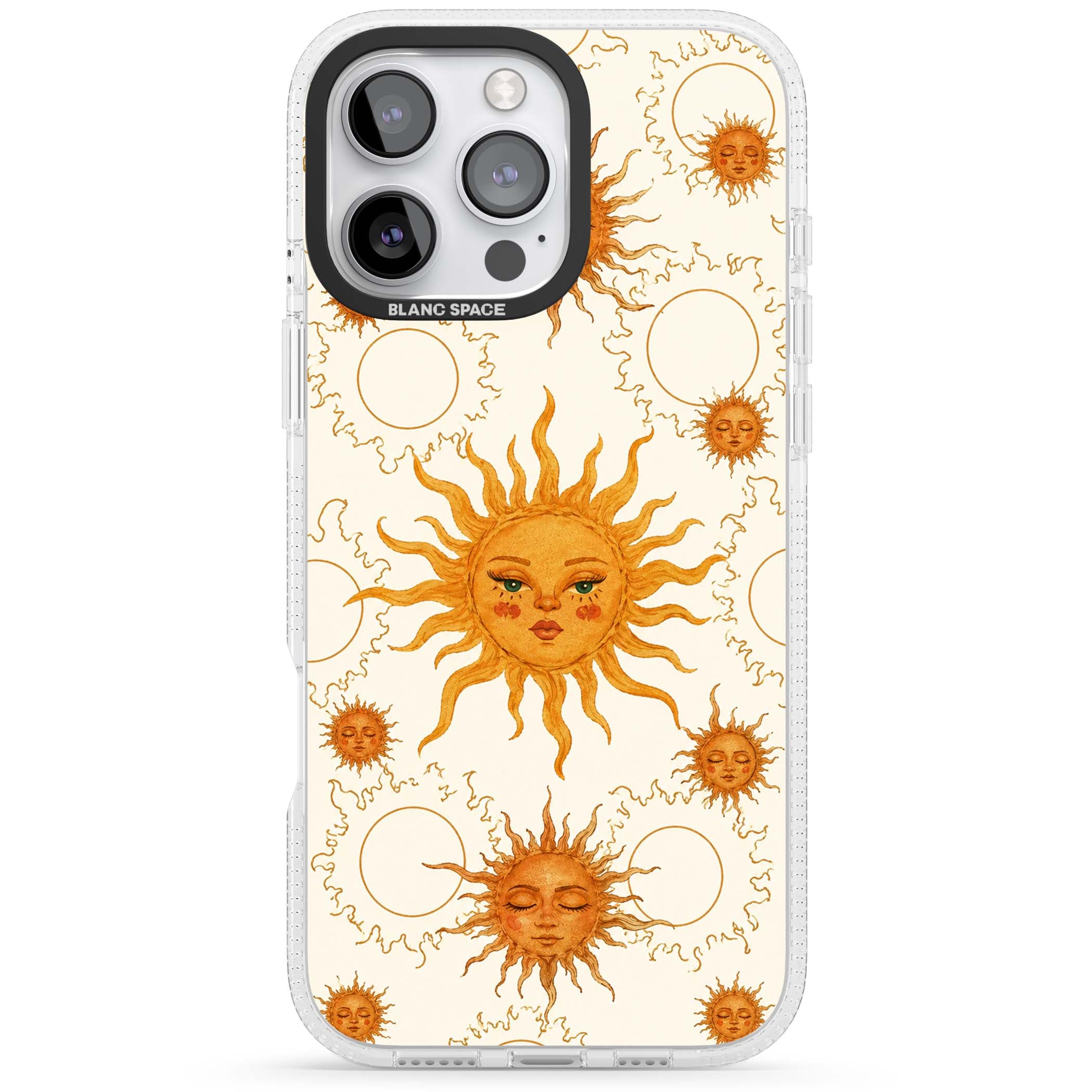 Solstice Muse celestial iPhone case featuring hand-painted golden sun faces, closed-eye sun goddesses and outlined moons... | Clear Case Impact Air case for iPhone 16 Pro, iPhone 16 Pro Max