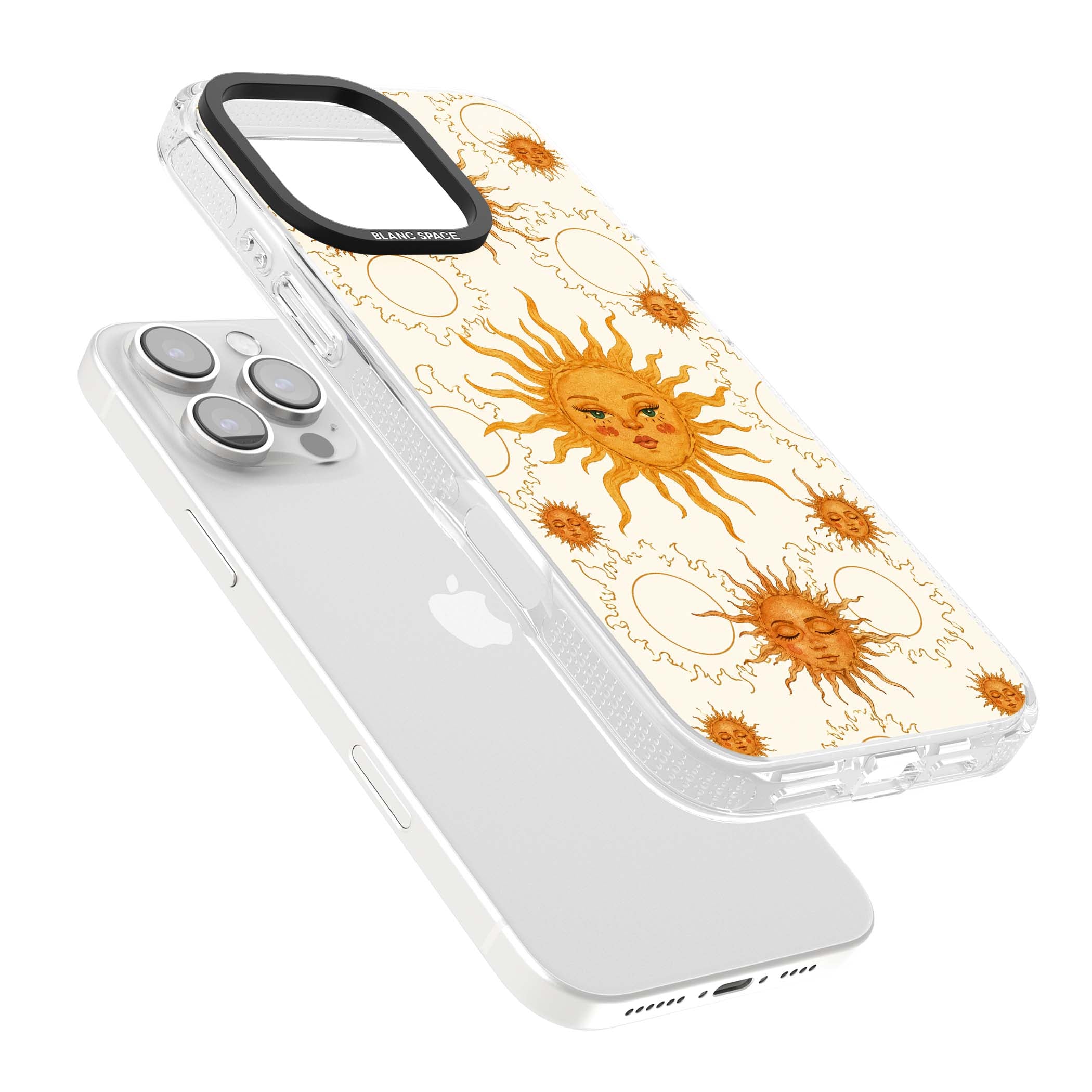 Solstice Muse celestial iPhone case featuring hand-painted golden sun faces, closed-eye sun goddesses and outlined moons... | Clear Case Impact Air case for iPhone 16 Pro, iPhone 16 Pro Max