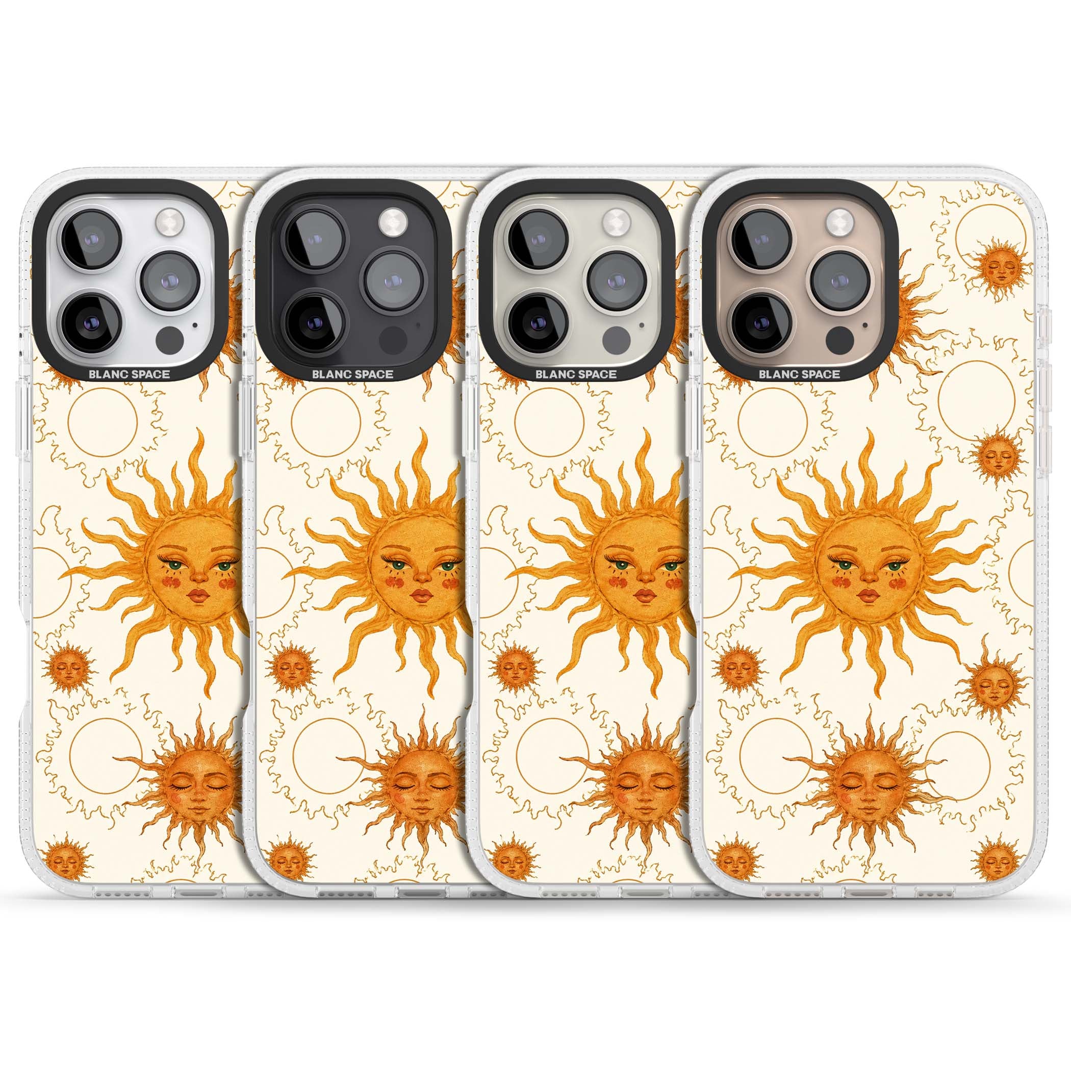 Solstice Muse celestial iPhone case featuring hand-painted golden sun faces, closed-eye sun goddesses and outlined moons... | Clear Case Impact Air case for iPhone 16 Pro, iPhone 16 Pro Max