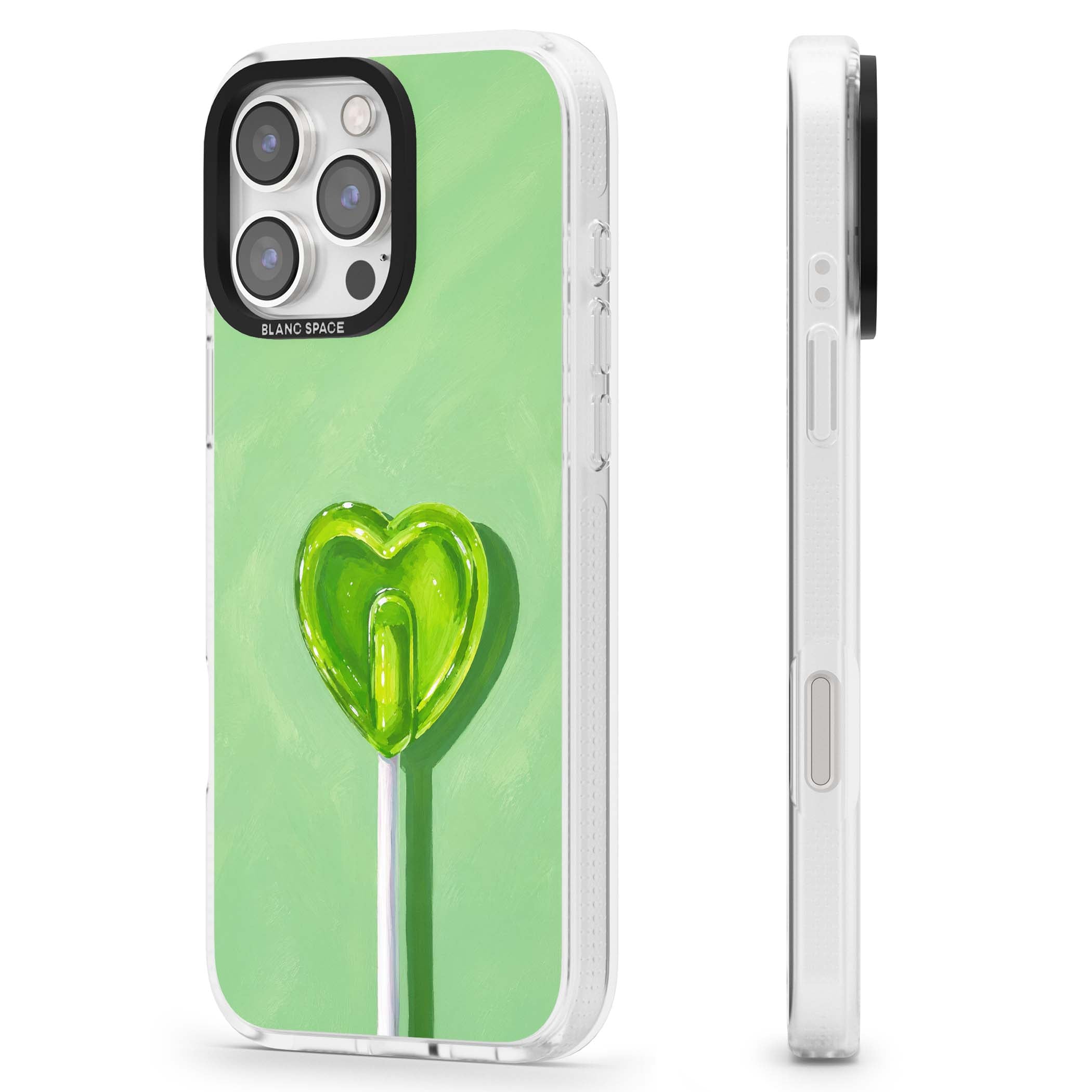 Green Lollipop candy art iPhone case featuring a glossy green heart-shaped lollipop on a painted pastel green background | Clear Case Impact Air case for iPhone 16 Pro, iPhone 16 Pro Max