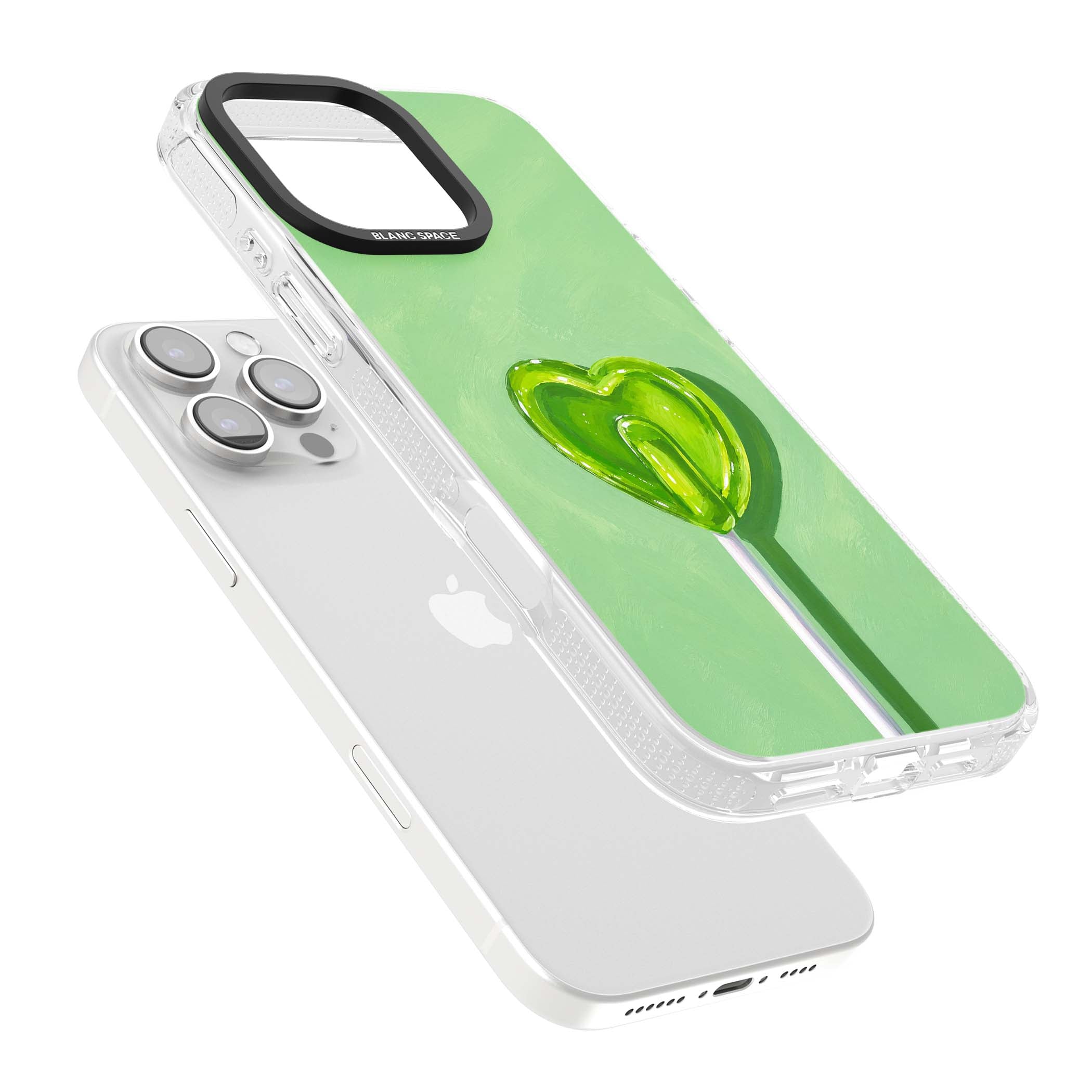 Green Lollipop candy art iPhone case featuring a glossy green heart-shaped lollipop on a painted pastel green background | Clear Case Impact Air case for iPhone 16 Pro, iPhone 16 Pro Max