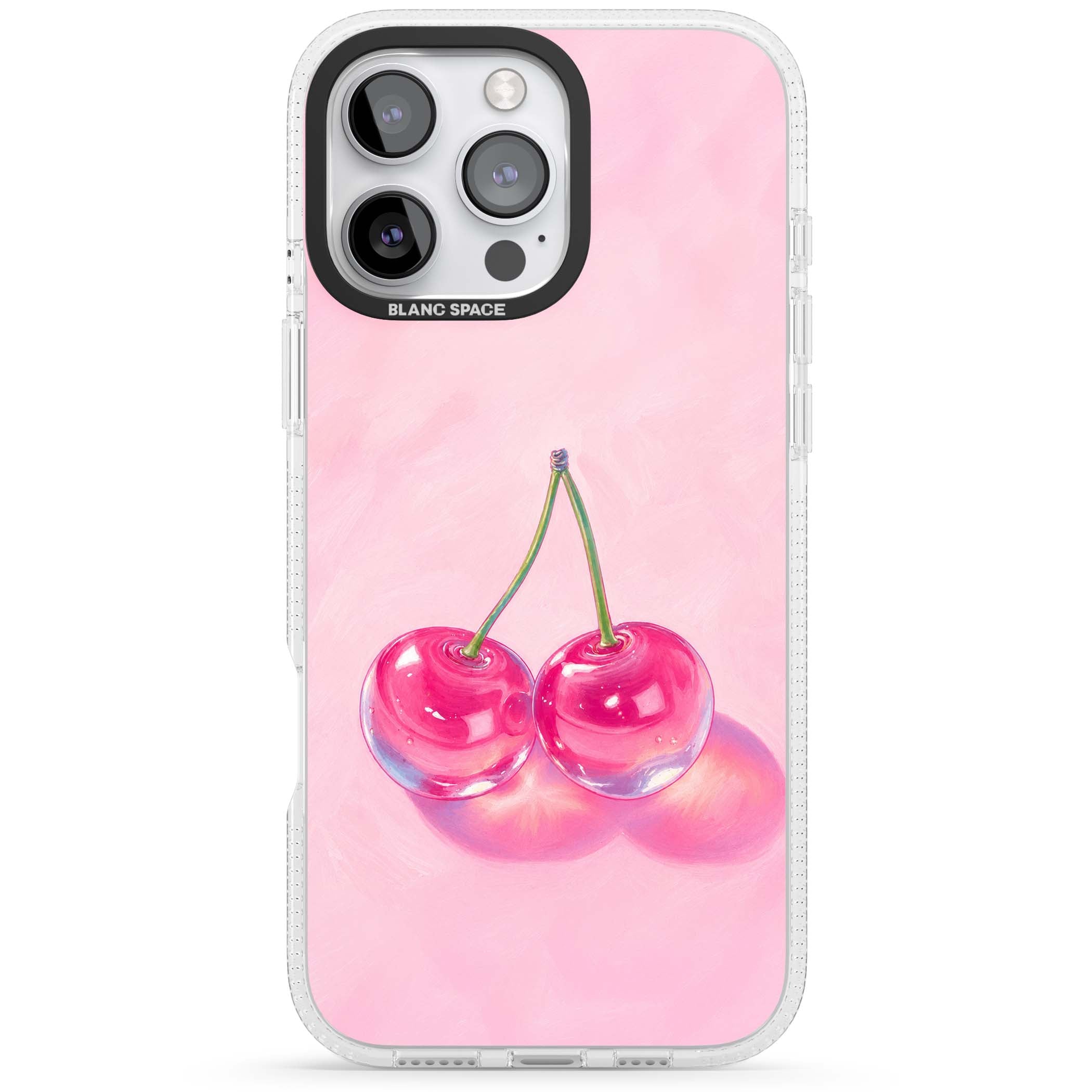 Pink Glass Cherry coquette iPhone case featuring two glossy painted cherries on a soft pink background | Clear Case Impact Air case for iPhone 16 Pro, iPhone 16 Pro Max