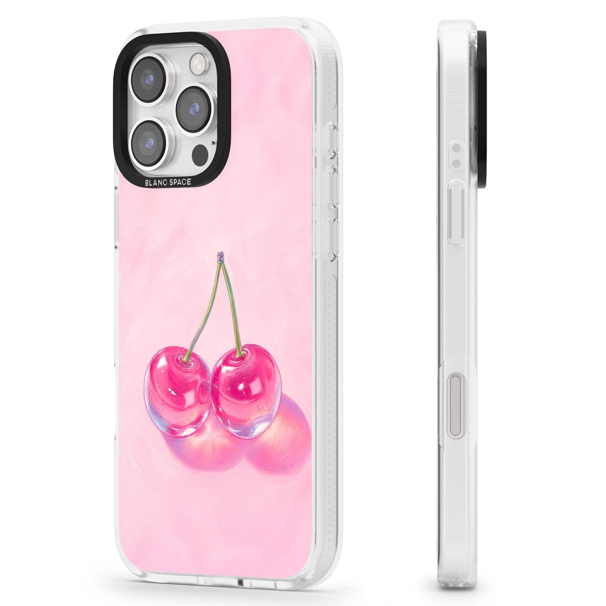 Pink Glass Cherry coquette iPhone case featuring two glossy painted cherries on a soft pink background | Clear Case Impact Air case for iPhone 16 Pro, iPhone 16 Pro Max