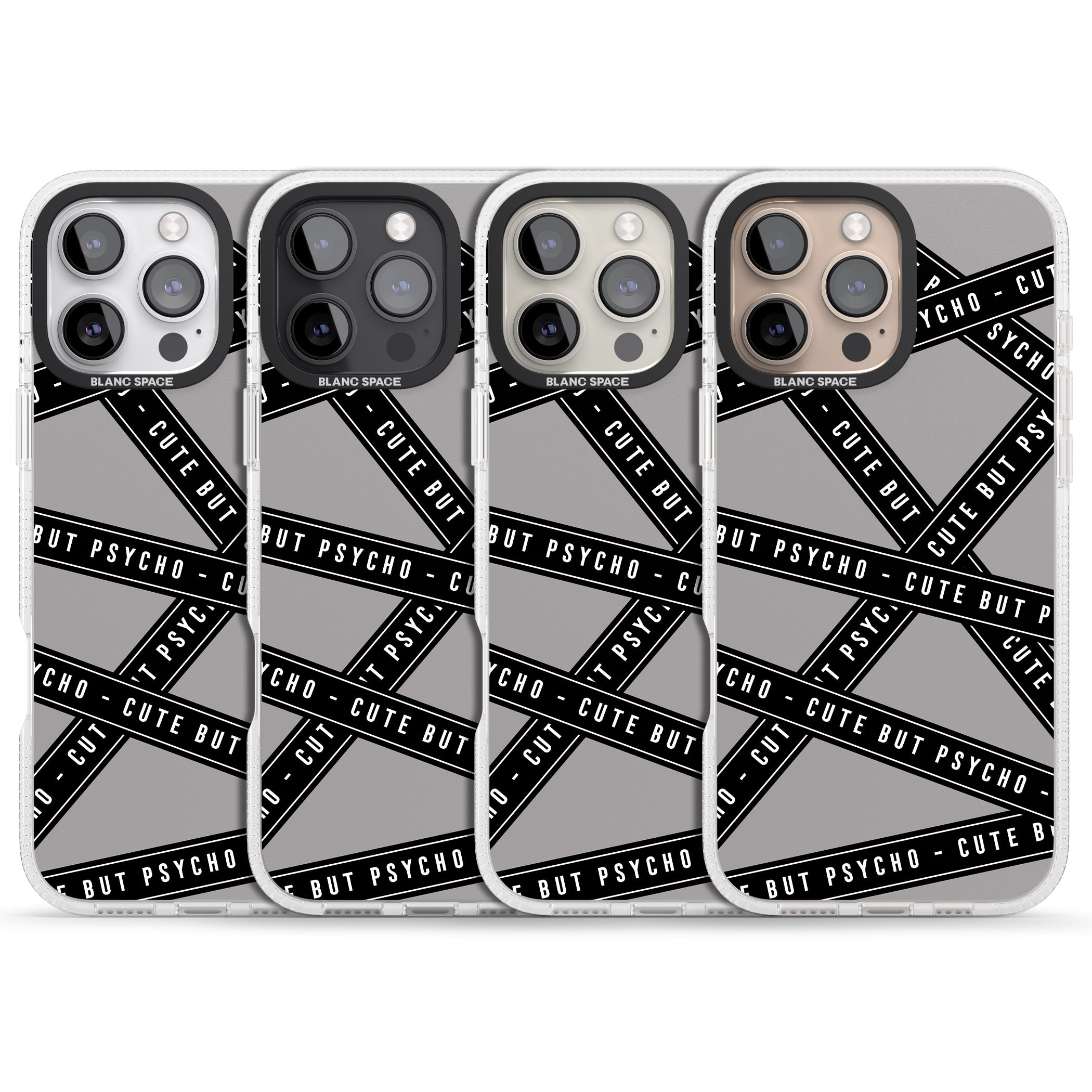 Caution Tape Phrases Cute But Psycho iPhone 16 Pro Max / 16 Pro Clear Case Impact Air - Blanc Space