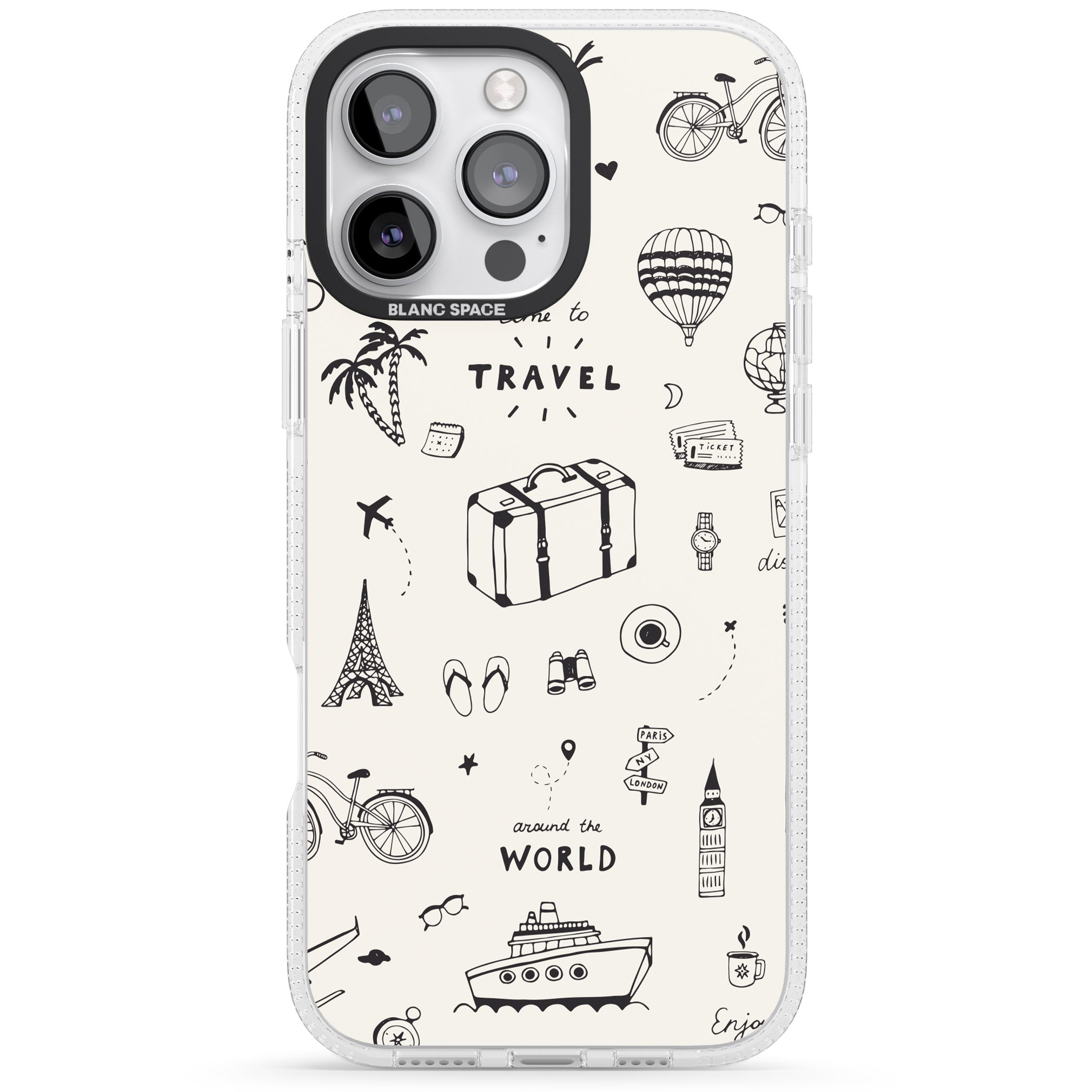 Cute Travel Pattern, White on iPhone 16 Pro Max / 16 Pro Clear Case Impact Air - Blanc Space