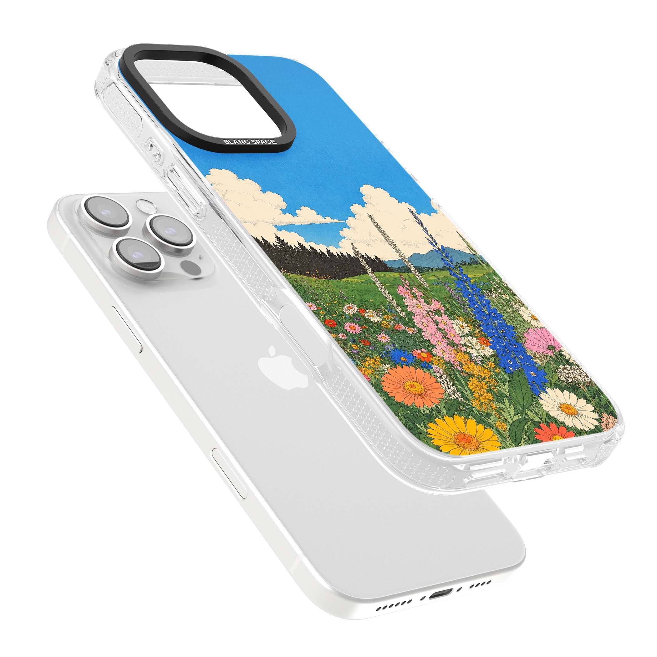 Wildbloom wildflower iPhone case featuring a vintage Japanese-style meadow landscape with daisies, delphiniums and moun | Clear Case Impact Air case for iPhone 16 Pro, iPhone 16 Pro Max