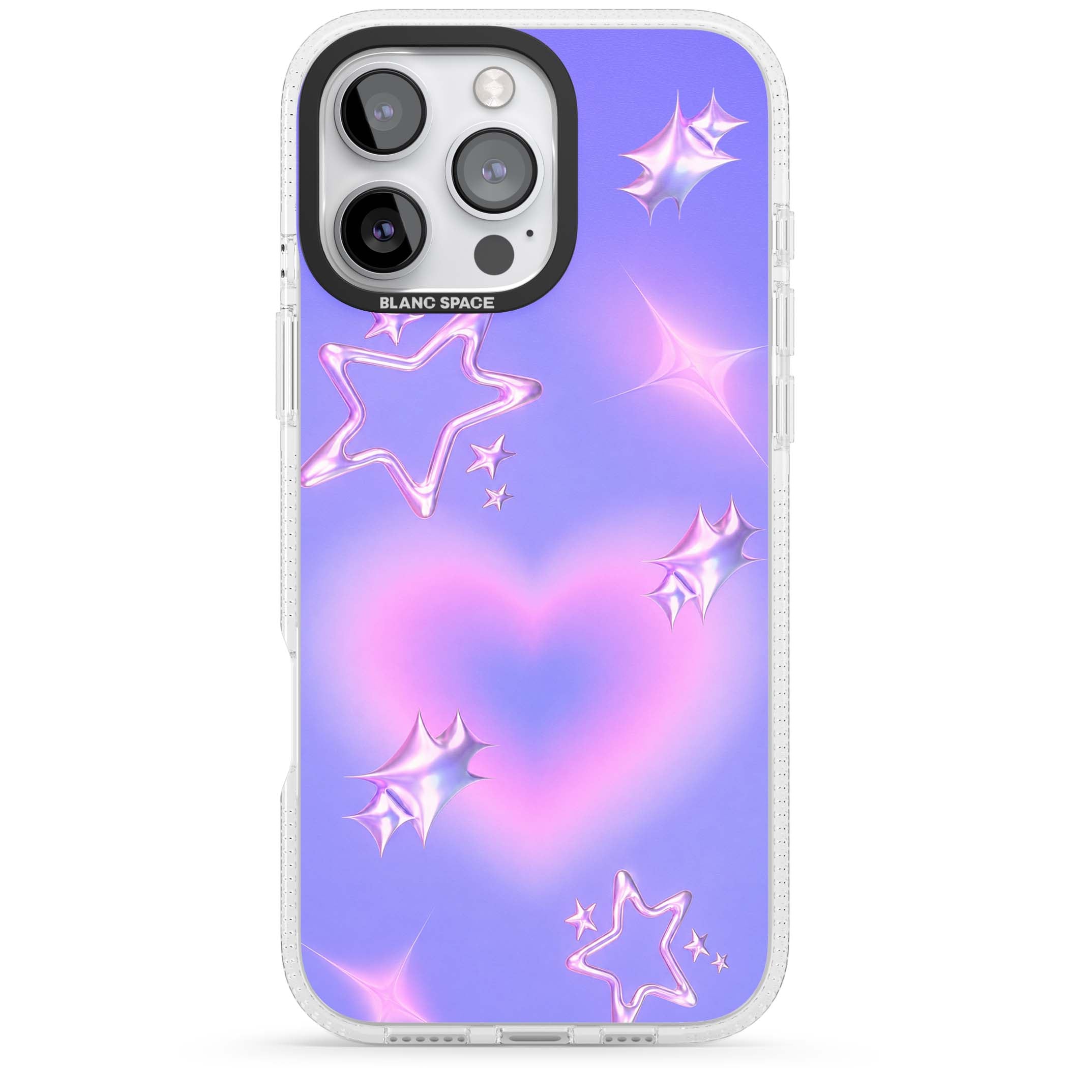 Soft Sugar Y2K iPhone case featuring iridescent chrome hearts, metallic pink stars and a lavender gradient sky | Clear Case Impact Air case for iPhone 16 Pro, iPhone 16 Pro Max