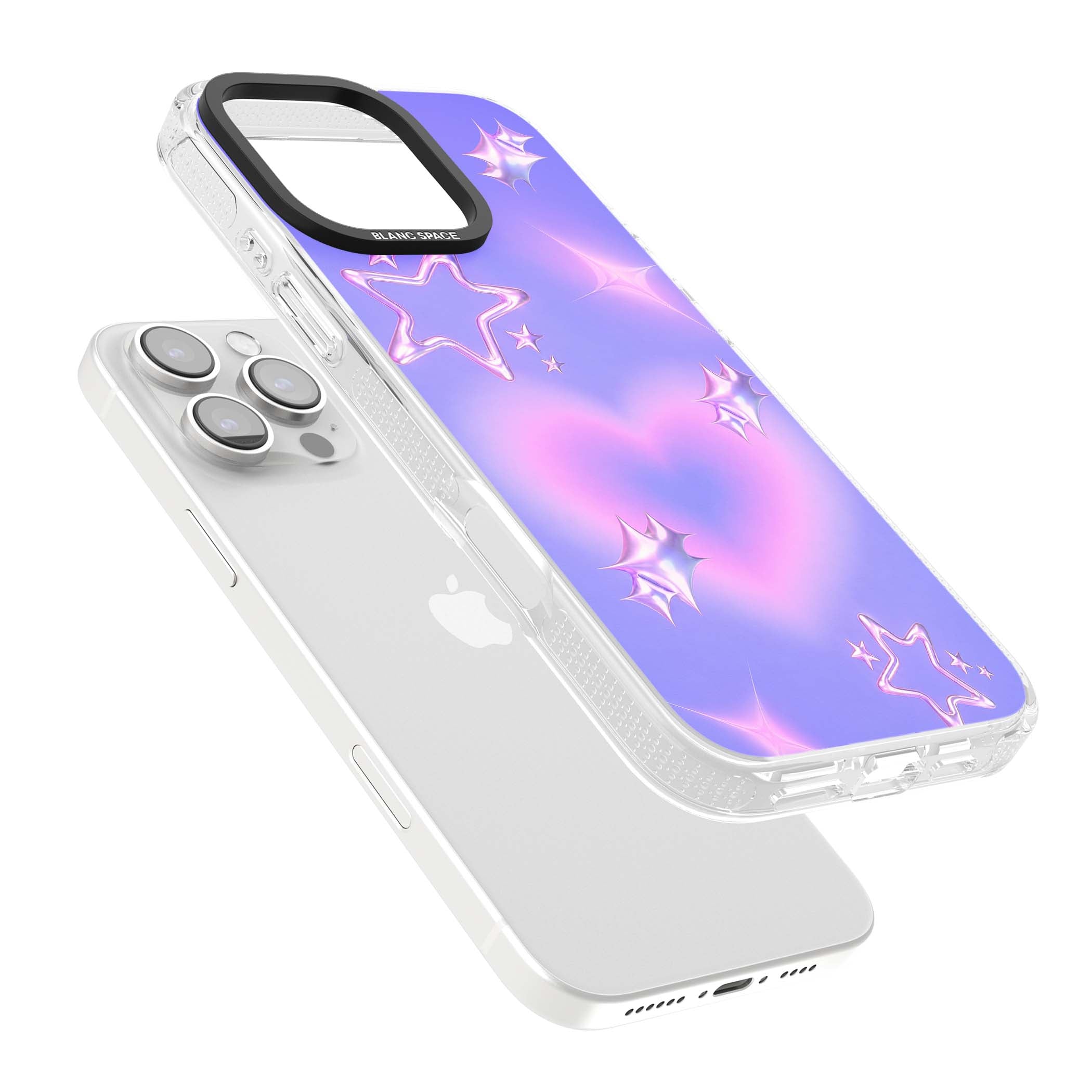 Soft Sugar Y2K iPhone case featuring iridescent chrome hearts, metallic pink stars and a lavender gradient sky | Clear Case Impact Air case for iPhone 16 Pro, iPhone 16 Pro Max