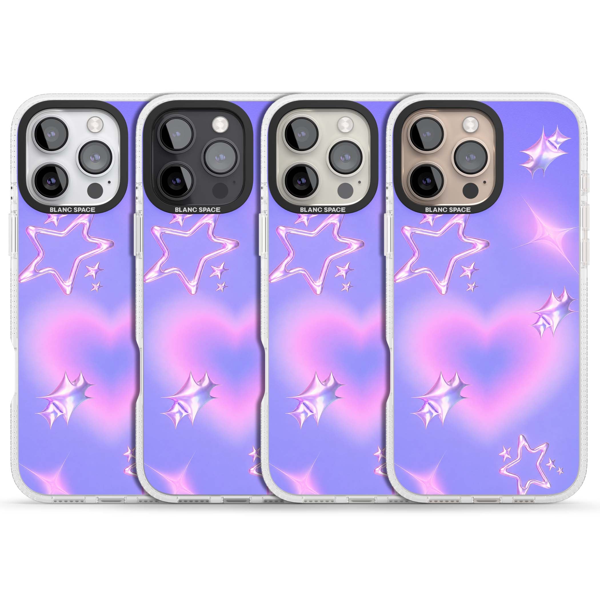 Soft Sugar Y2K iPhone case featuring iridescent chrome hearts, metallic pink stars and a lavender gradient sky | Clear Case Impact Air case for iPhone 16 Pro, iPhone 16 Pro Max